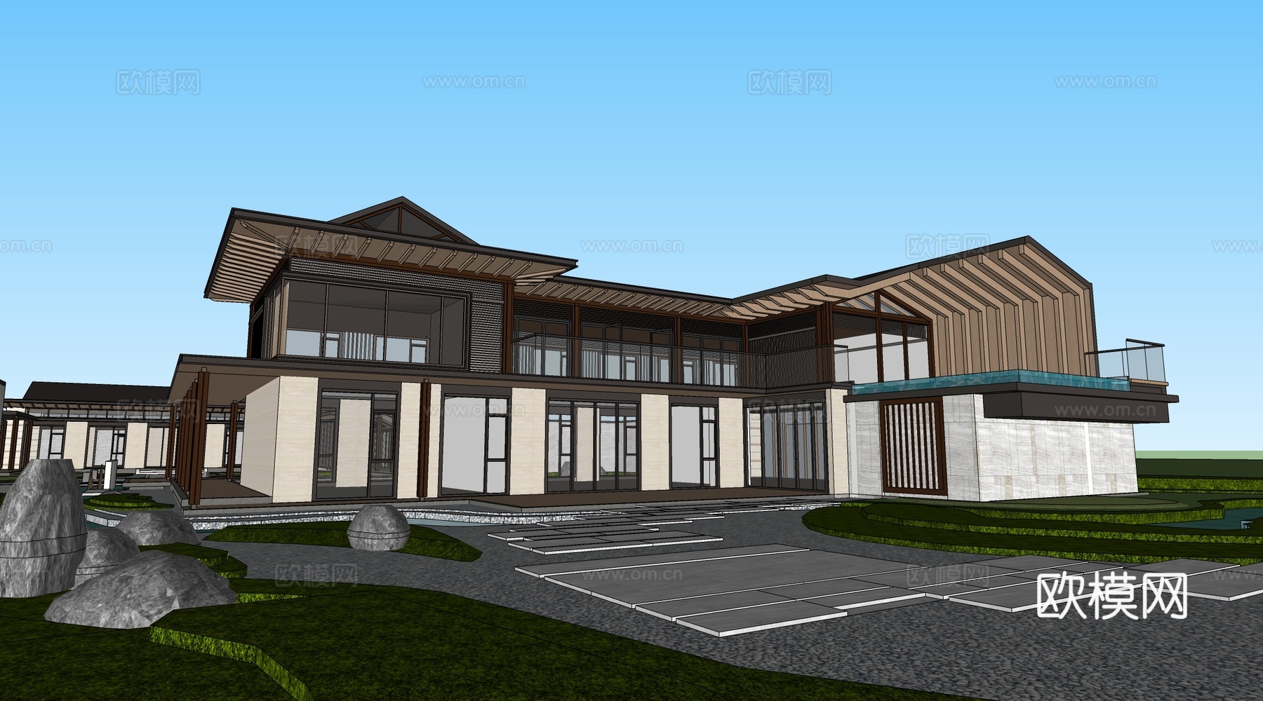 新中式示范区建筑 会所建筑 新中式餐饮建筑 茶室建筑su模型