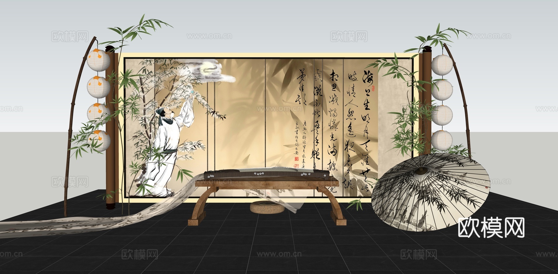 竹林卷轴美陈 中式竹影屏风 古琴 油纸伞 纸灯笼 中国风艺术su模型