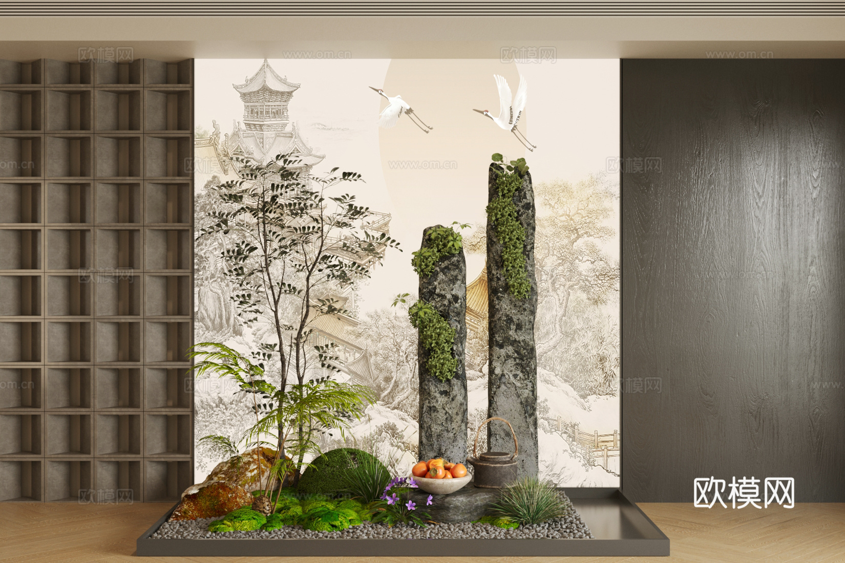 新中式室内景观 景观小品 室内景观造景 植物堆 植物组合su模型