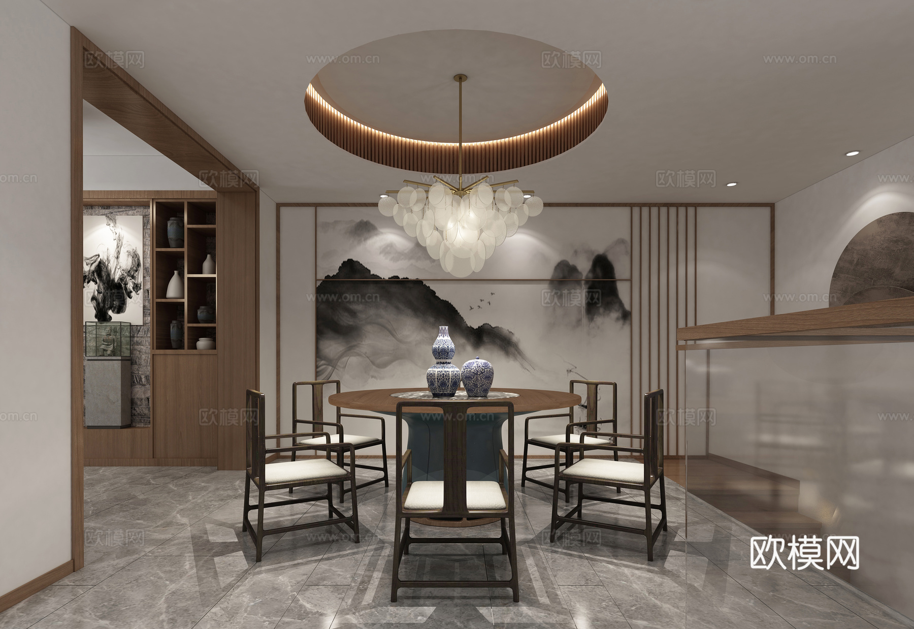 新中式餐厅 吊顶 吊灯 圆桌椅组合 背景 装饰品3d模型