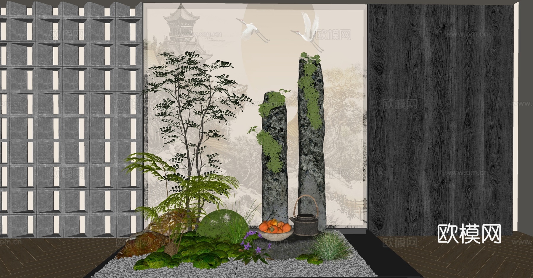 新中式室内景观 景观小品 室内景观造景 植物堆 植物组合su模型