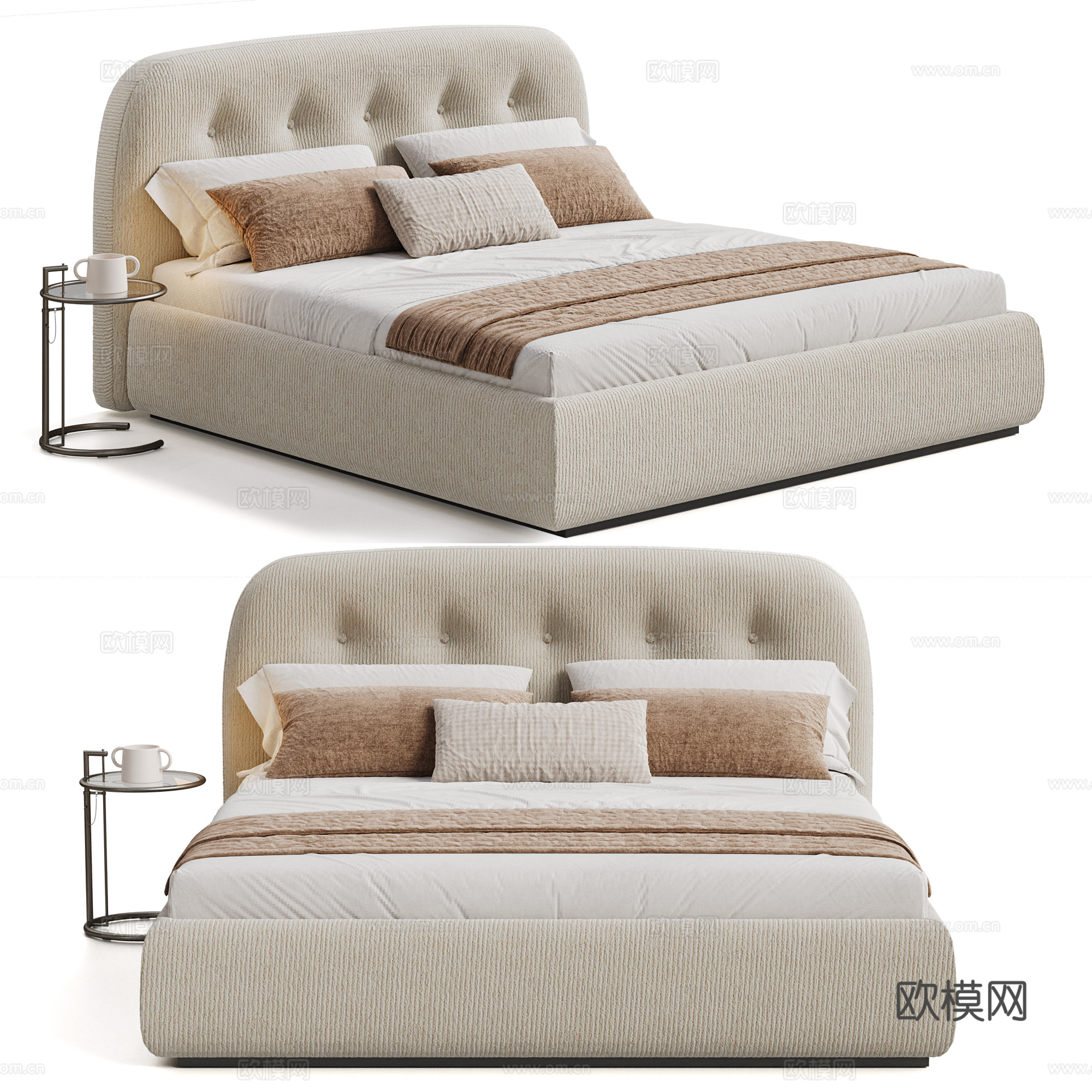现代奶油风双人床 北欧双人床 奶油风布艺双人床 雪尼尔布艺su模型