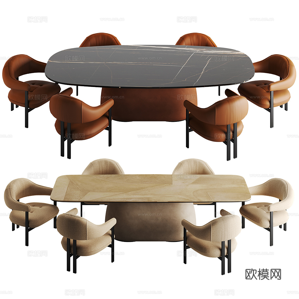 现代意式轻奢椭圆餐桌椅组合3d模型
