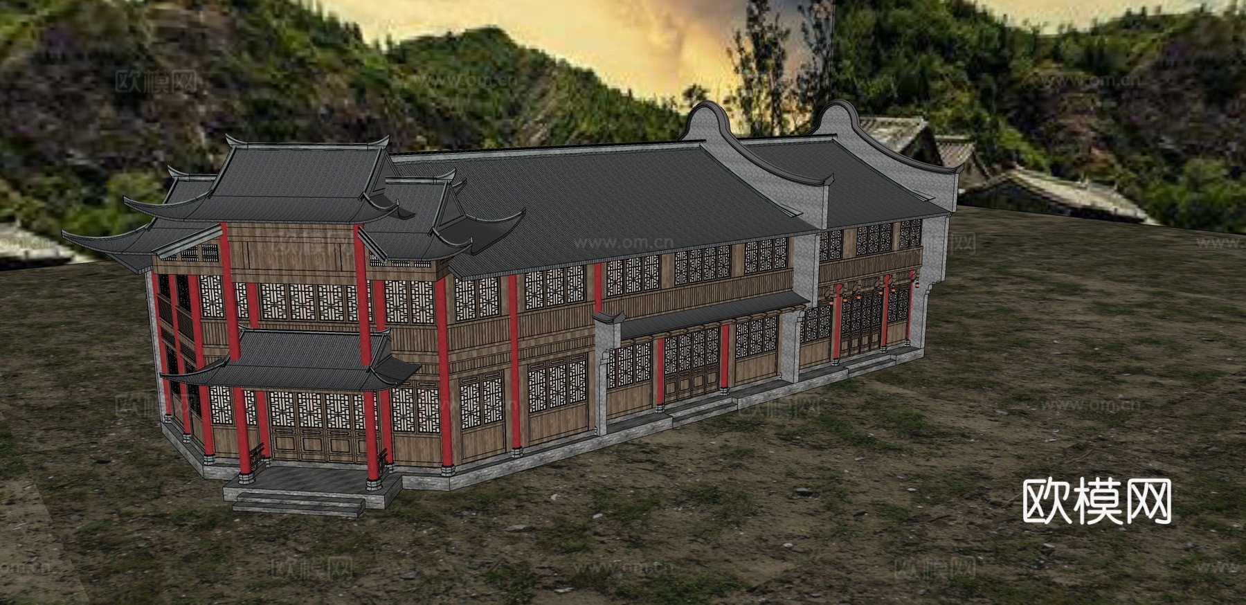 影视古建徽派江南茶楼民房沿街楼度假村度假村su模型下载