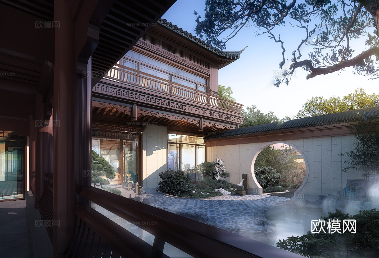 新中式别墅庭院 别墅区 新中式庭院su模型