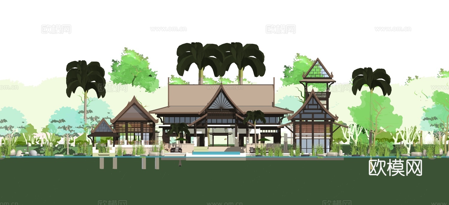 东南亚度假酒店外观su模型下载