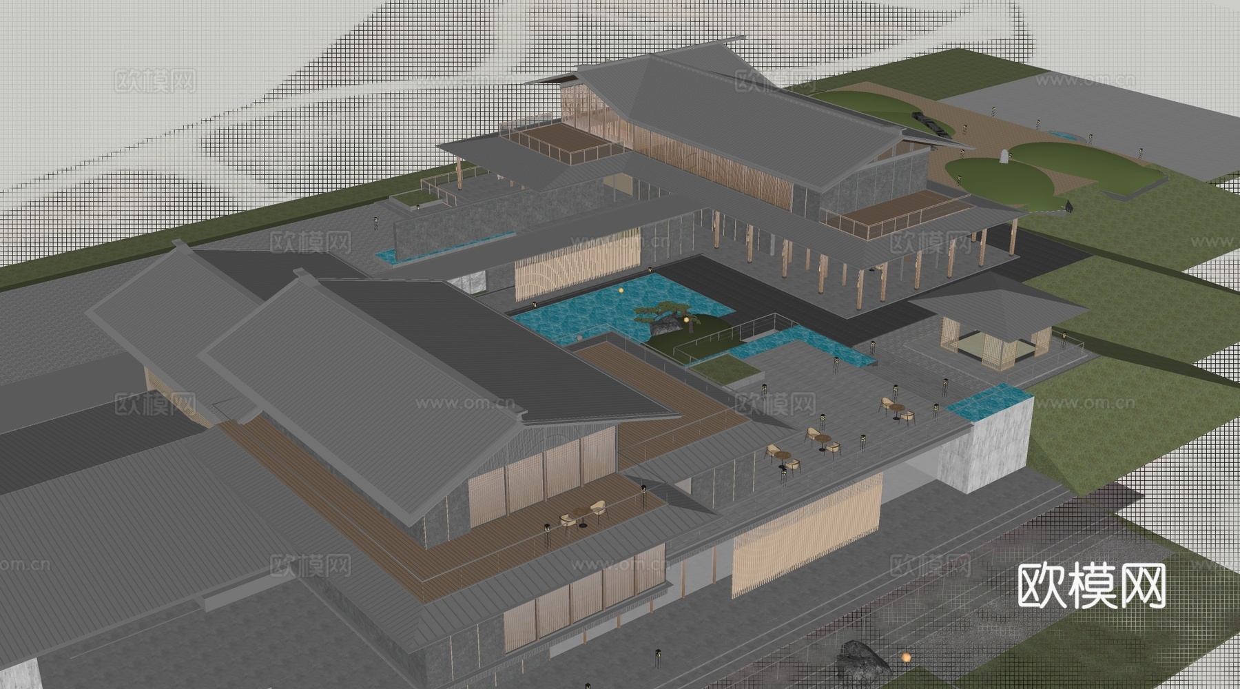 新中式示范区建筑 会所建筑 新中式餐饮建筑 茶室建筑su模型