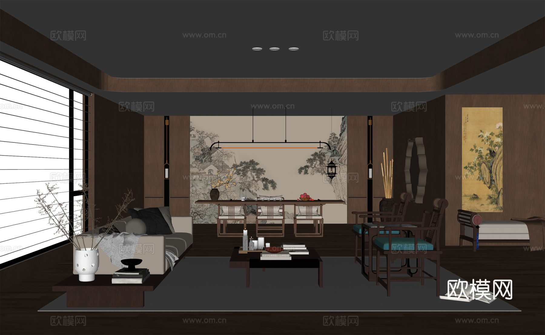 新中式客厅su模型