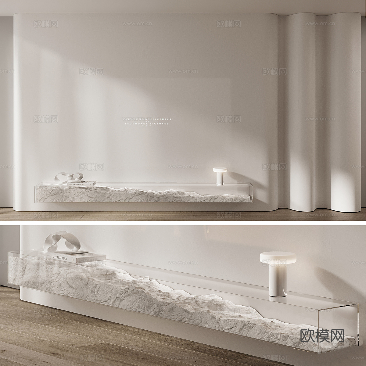 现代侘寂投影电视背景墙3d模型