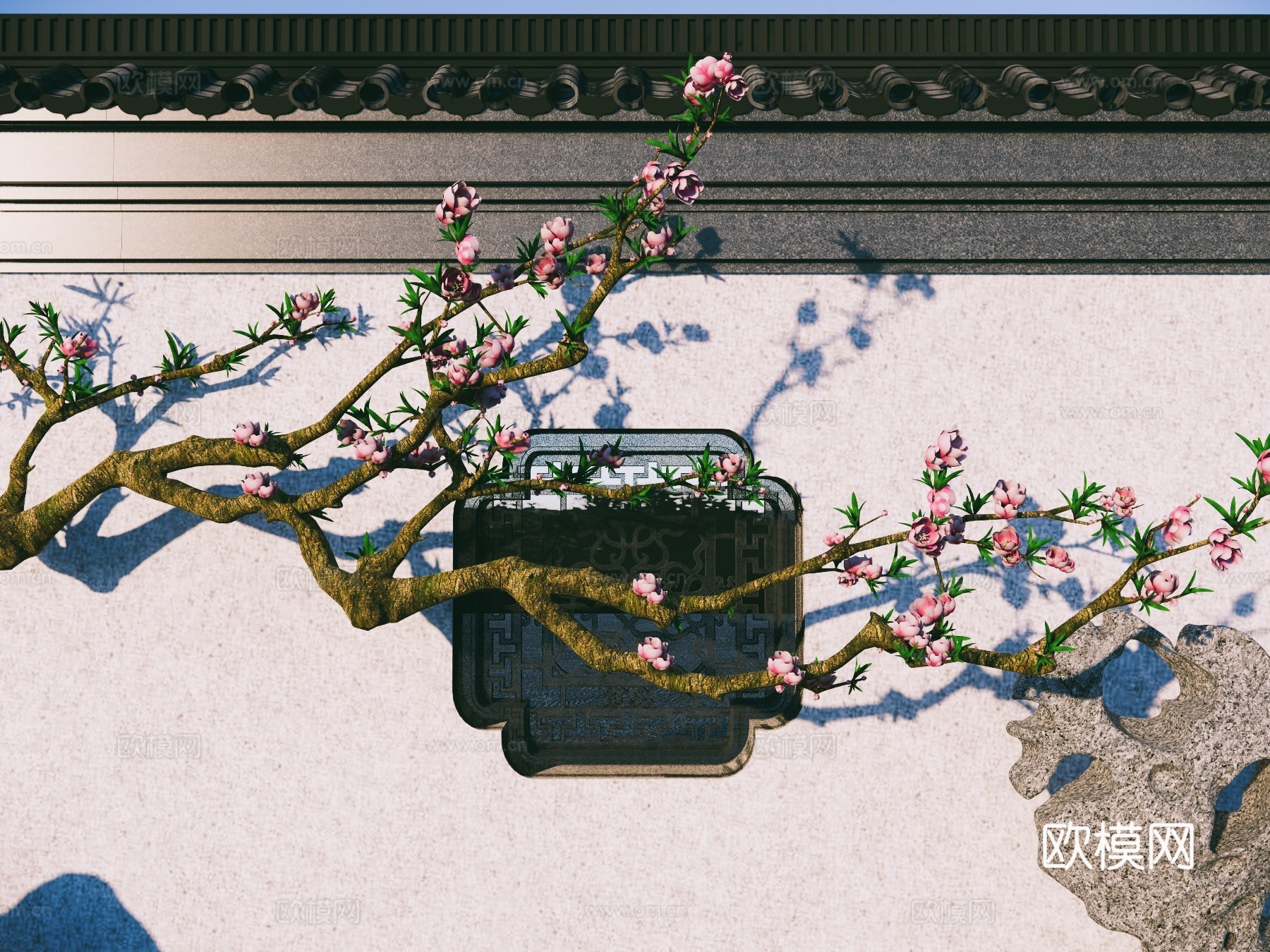 中式园林庭园景墙 桃花树 庭园桃花 桃花枝 花窗 漏窗 假山su模型