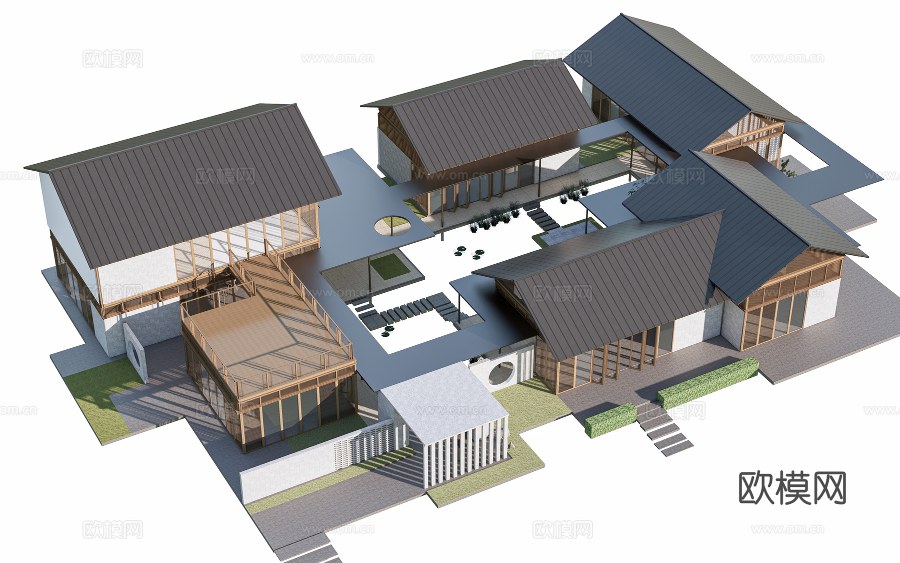 新中式示范区建筑 会所建筑 新中式餐饮建筑 茶室建筑su模型