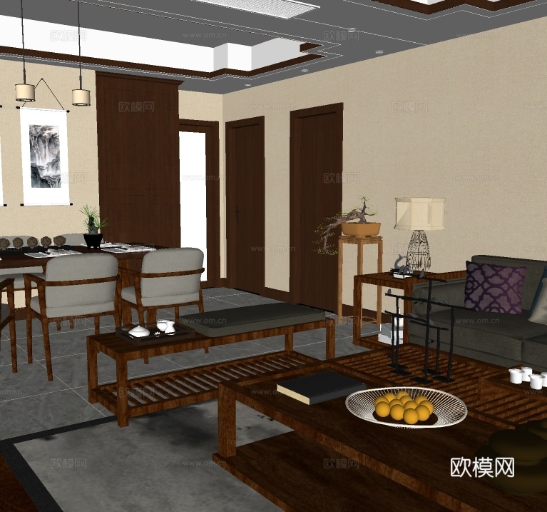 新中式客餐厅su模型下载