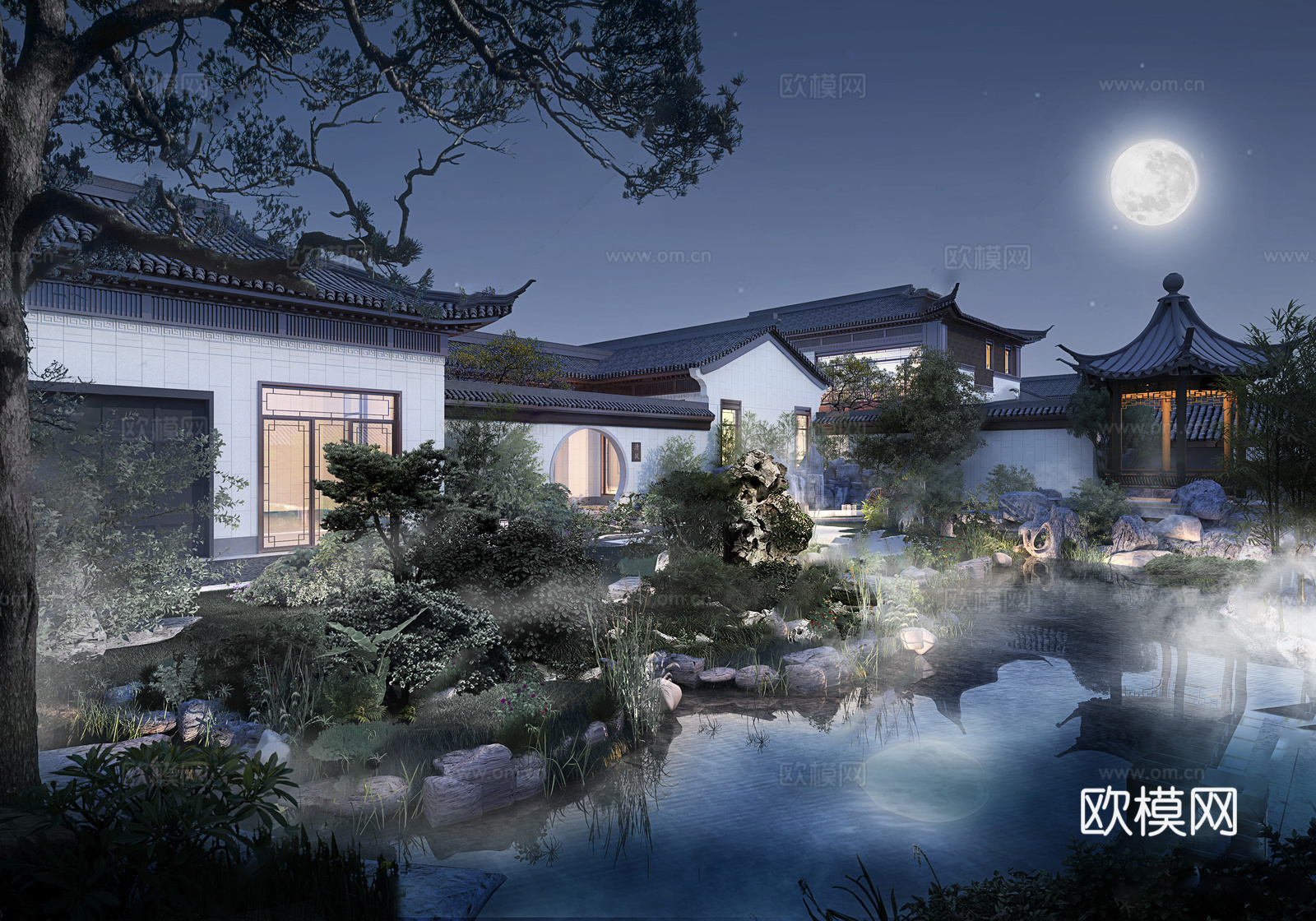 新中式别墅庭院 别墅区 新中式庭院su模型