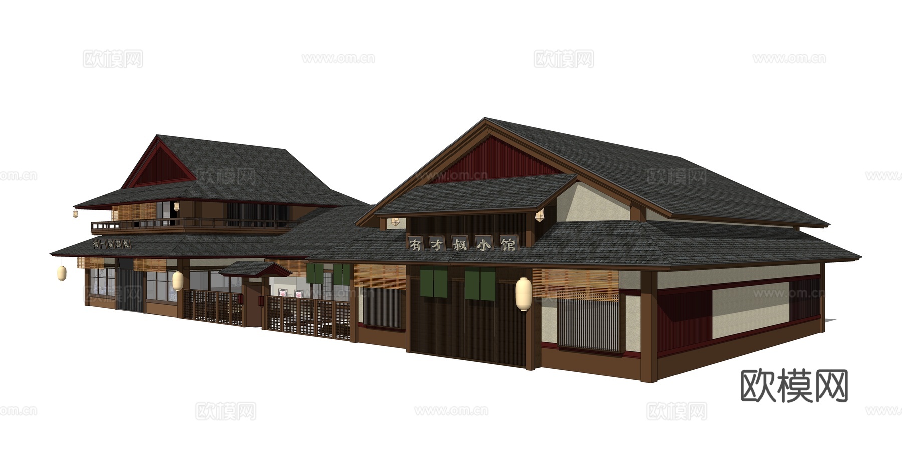 新中式民宿酒店建筑外观su模型下载
