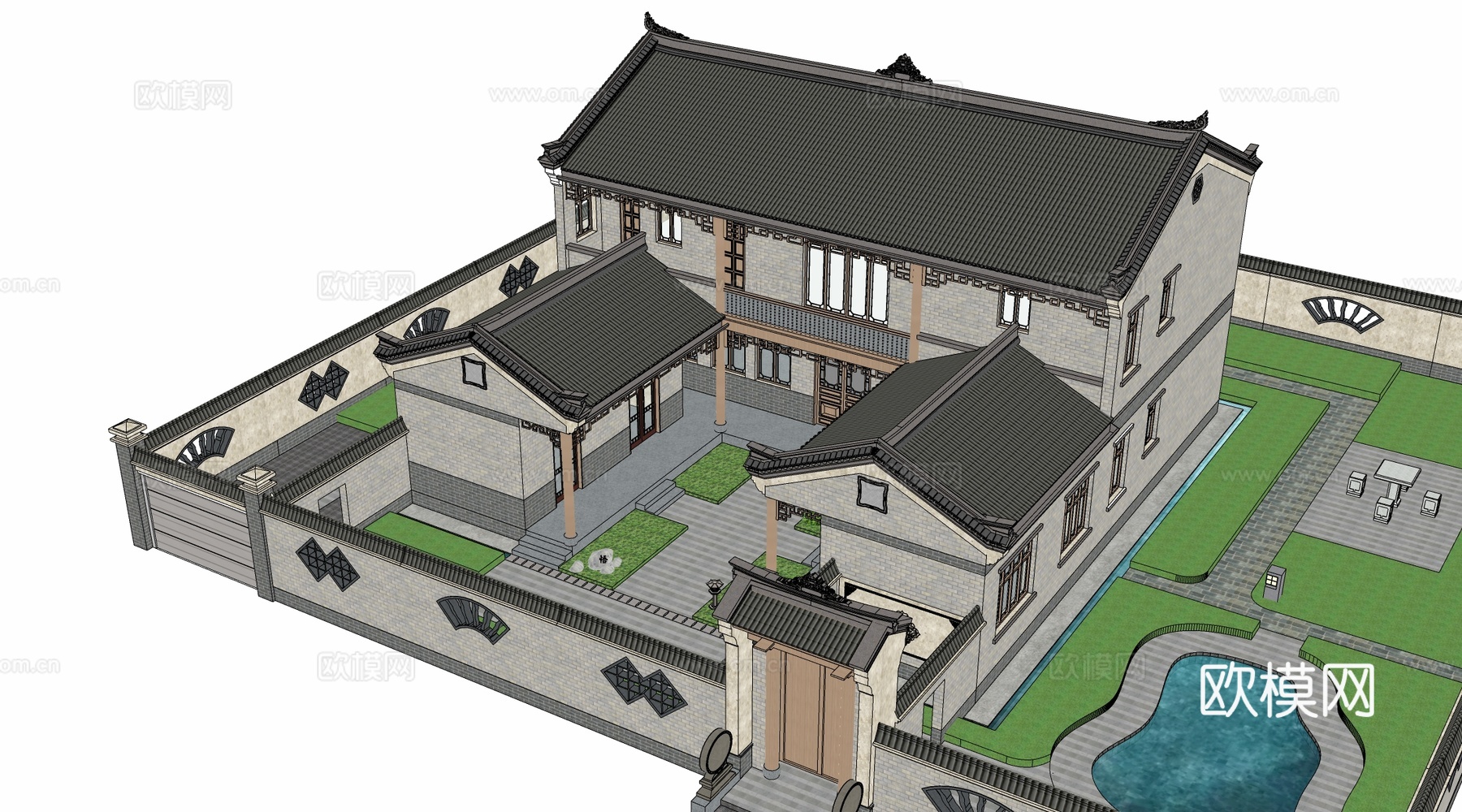 中式四合院建筑 中式院落 中式坡屋顶建筑 中式庭院su模型