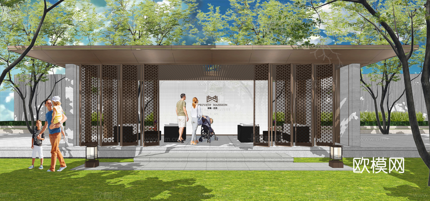 现代示范区景观廊架su模型下载