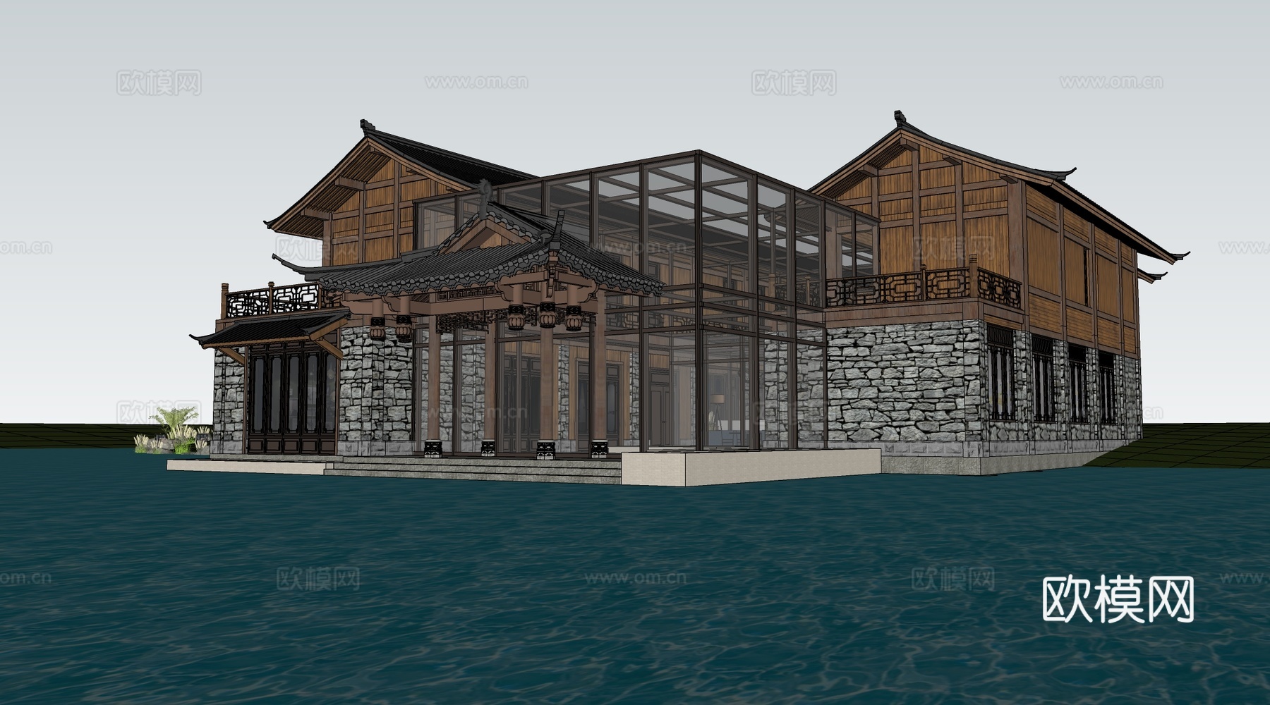 新中式民宿建筑 乡村民房 民宿酒店建筑 坡屋顶民宿su模型下载（渲染图3）