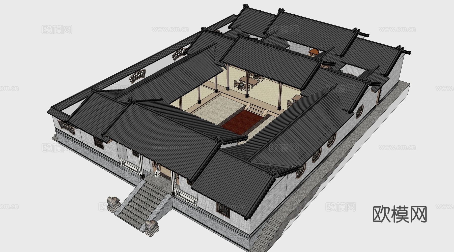 中式四合院建筑 中式院落 中式坡屋顶建筑 中式庭院su模型