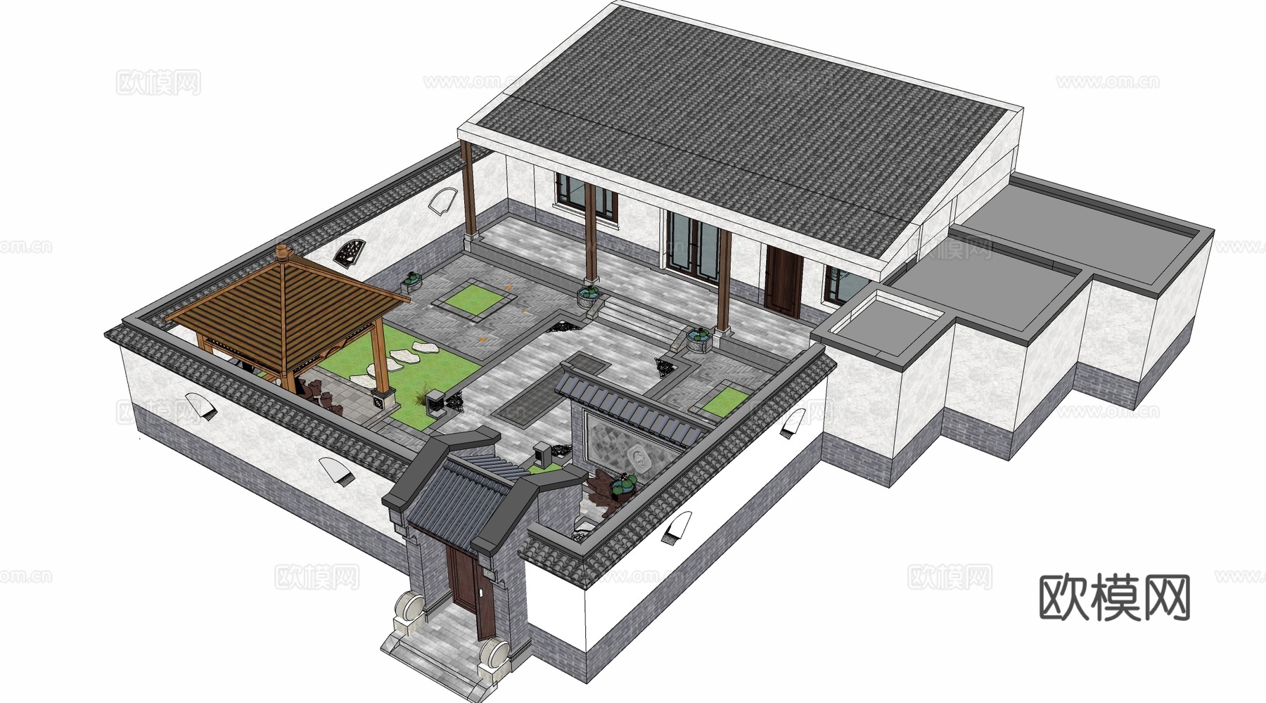 中式四合院建筑 中式院落 中式坡屋顶建筑 中式庭院su模型