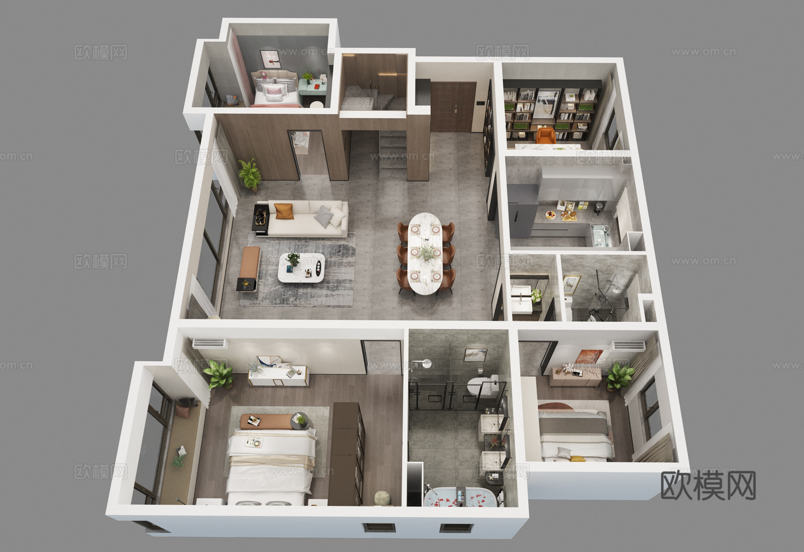 现代家装样板间鸟瞰图3d模型