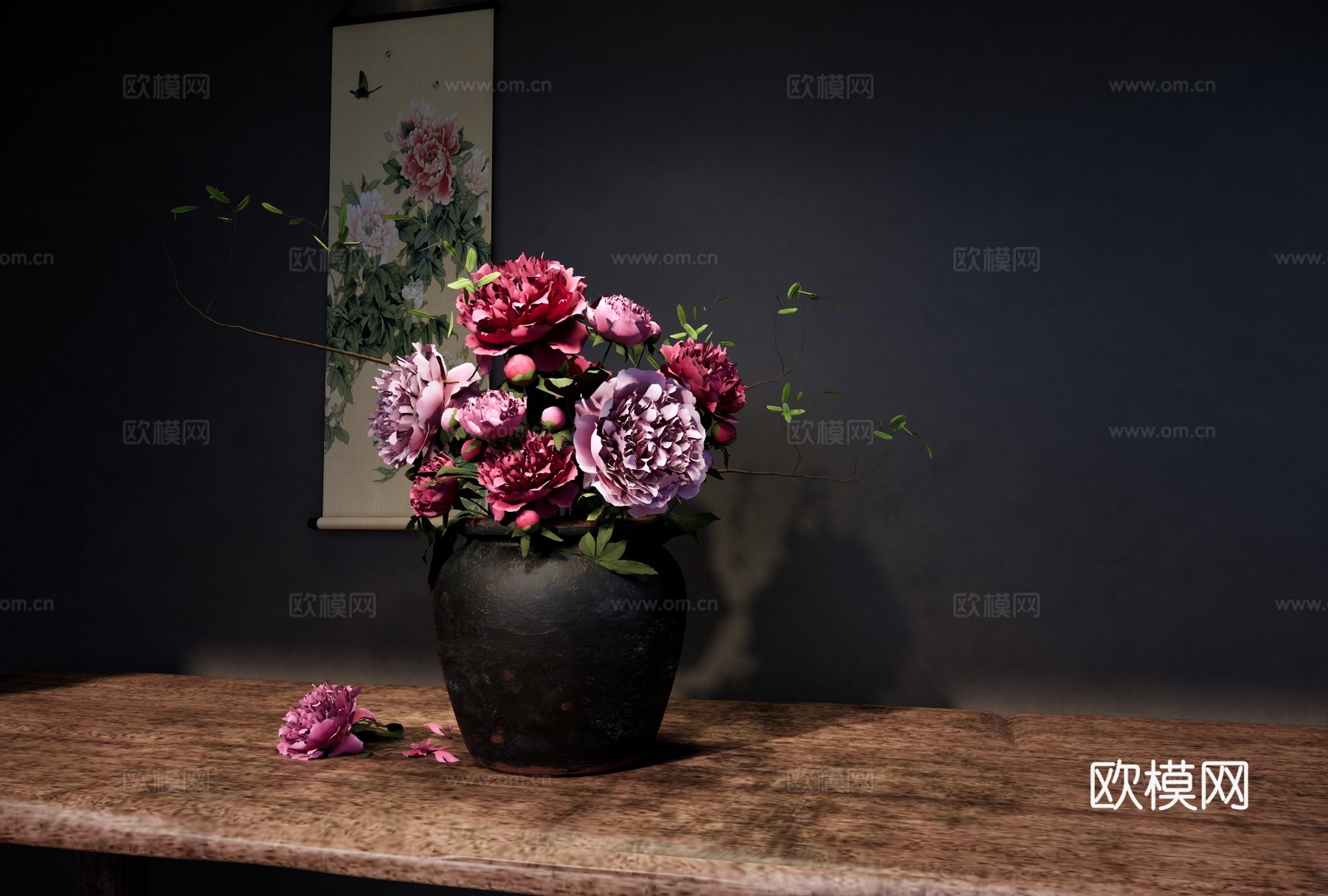 花瓶花艺 陶罐花瓶 牡丹 芍药插花 侘寂端景条案 装饰摆件su模型