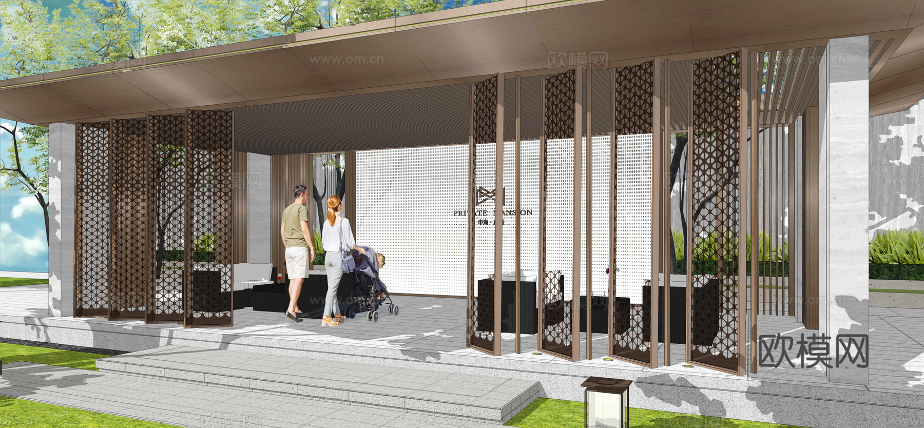 现代示范区景观廊架su模型下载