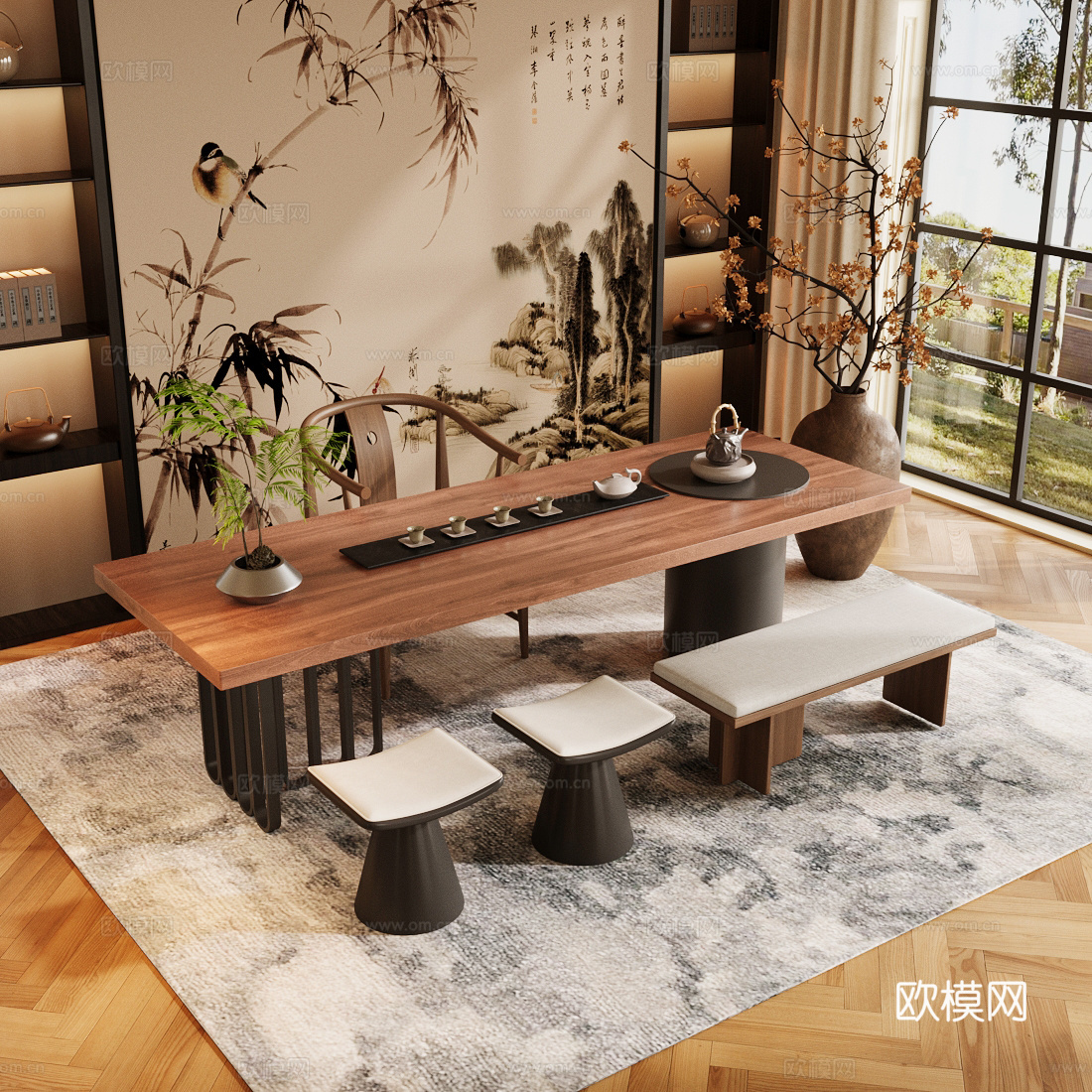新中式禅意茶室 实木茶桌椅组合 实木茶桌椅 茶室柜 茶室背景3d模型