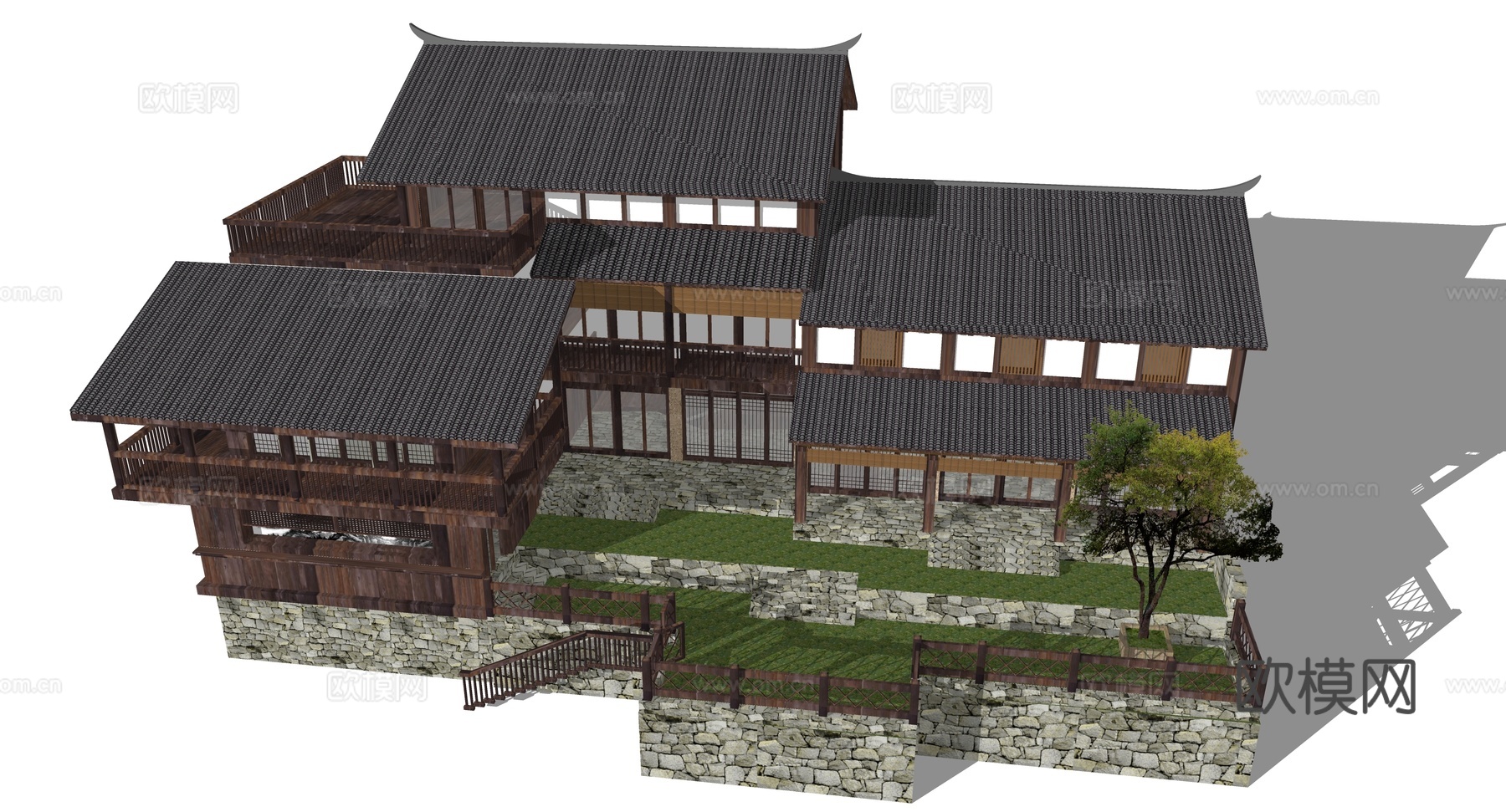 新中式古建民居外观su模型下载