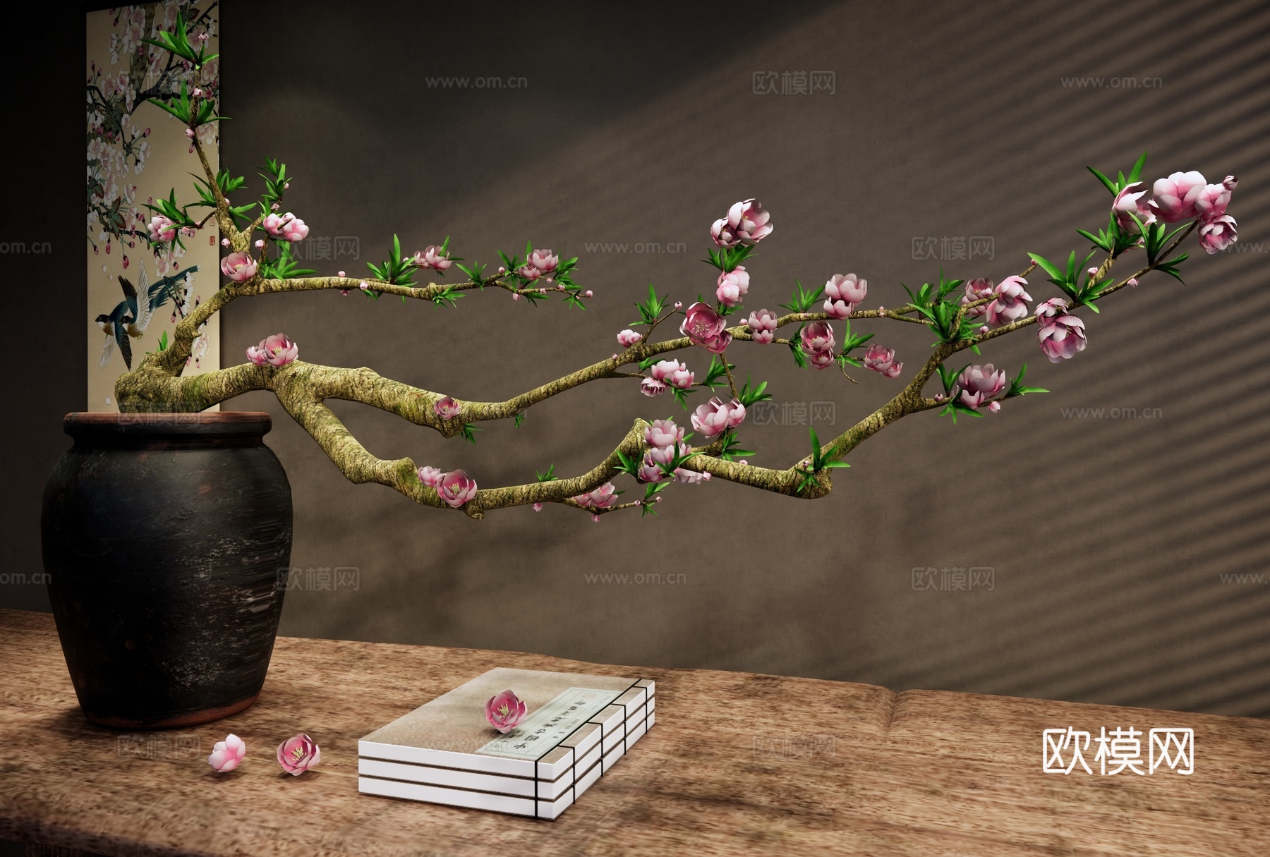 新中式花瓶花艺 桃花枝 桃花插花 陶罐花艺 端景条案 挂画su模型