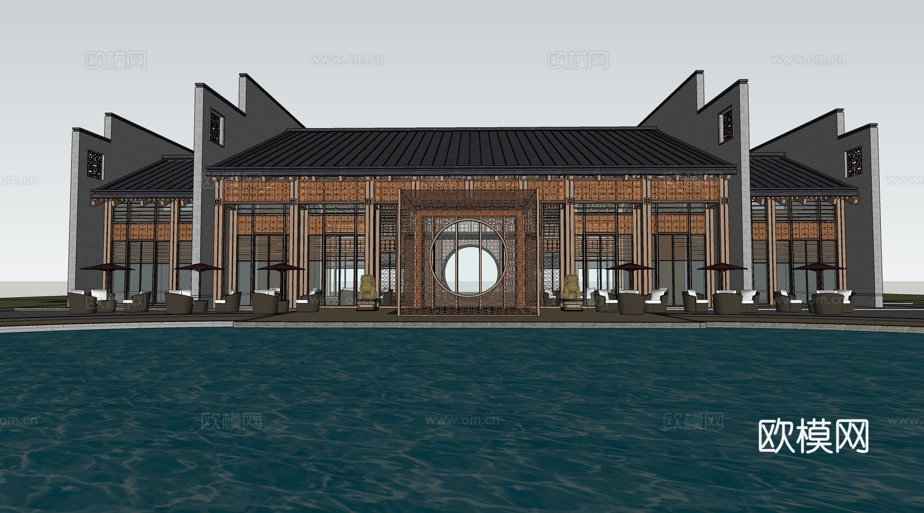 新中式商业街建筑 民宿建筑 商铺建筑 坡屋顶建筑su模型