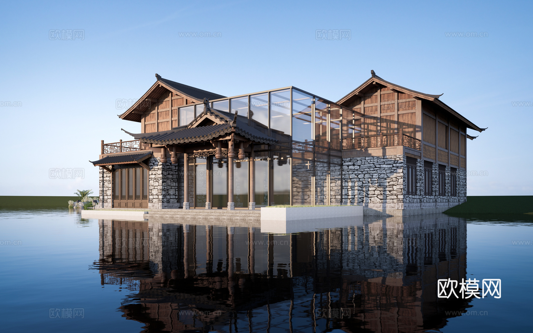 新中式民宿建筑 乡村民房 民宿酒店建筑 坡屋顶民宿su模型下载（渲染图1）