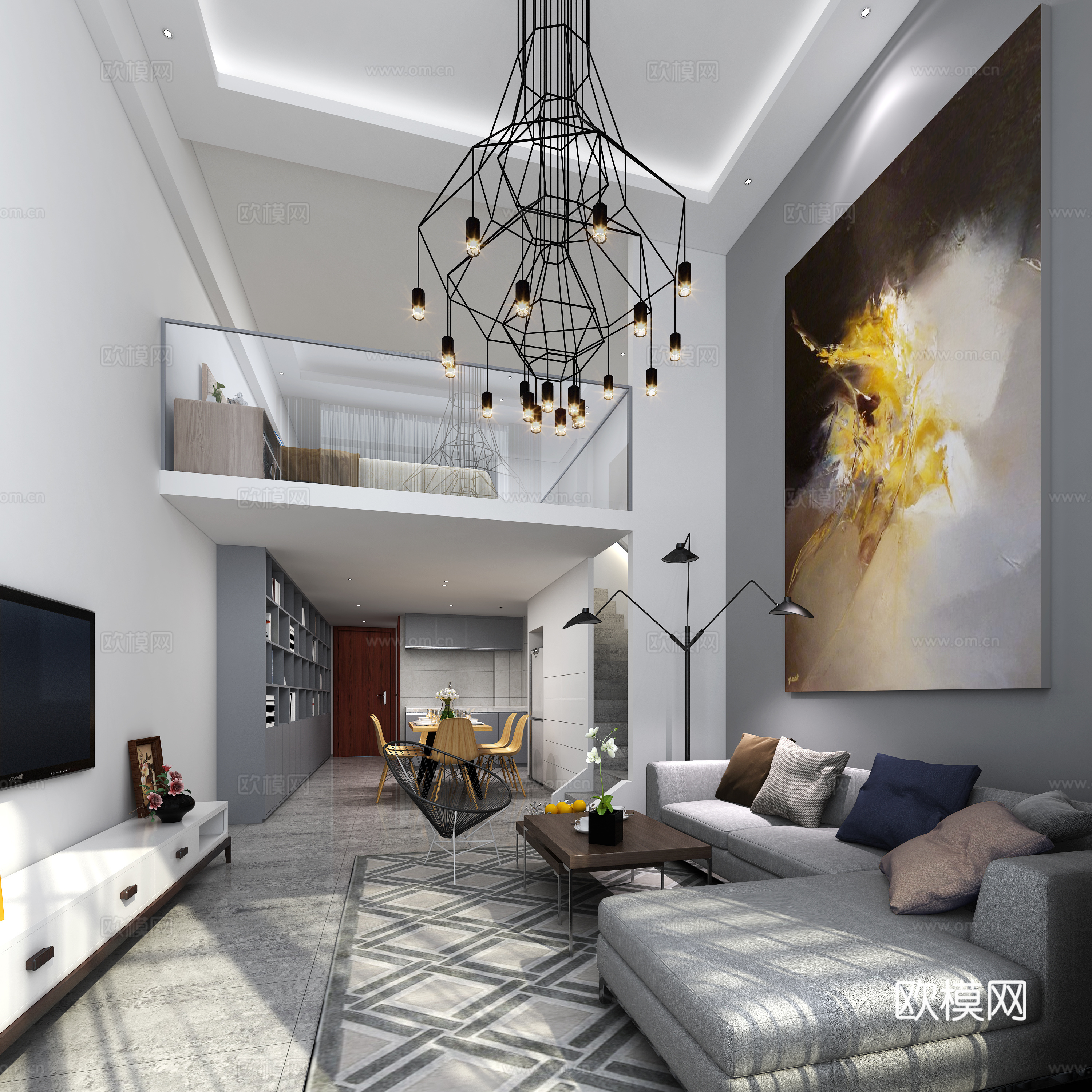 现代北欧复式公寓 吊灯 餐桌椅 沙发 茶几 地毯 吊灯3d模型