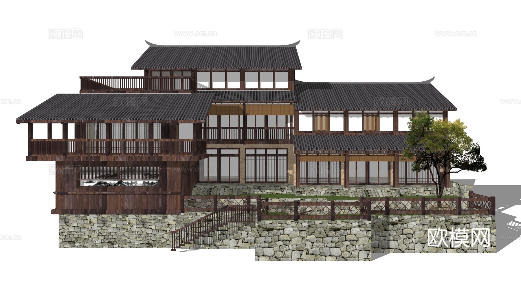新中式古建民居外观su模型下载
