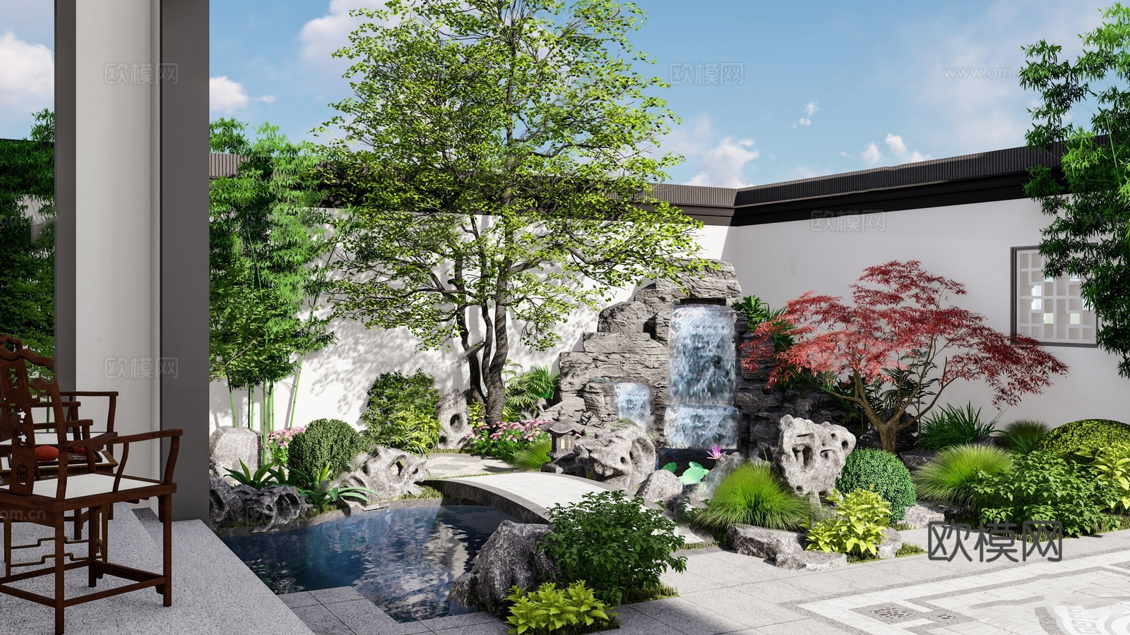 新中式别墅庭院 别墅区 新中式庭院su模型