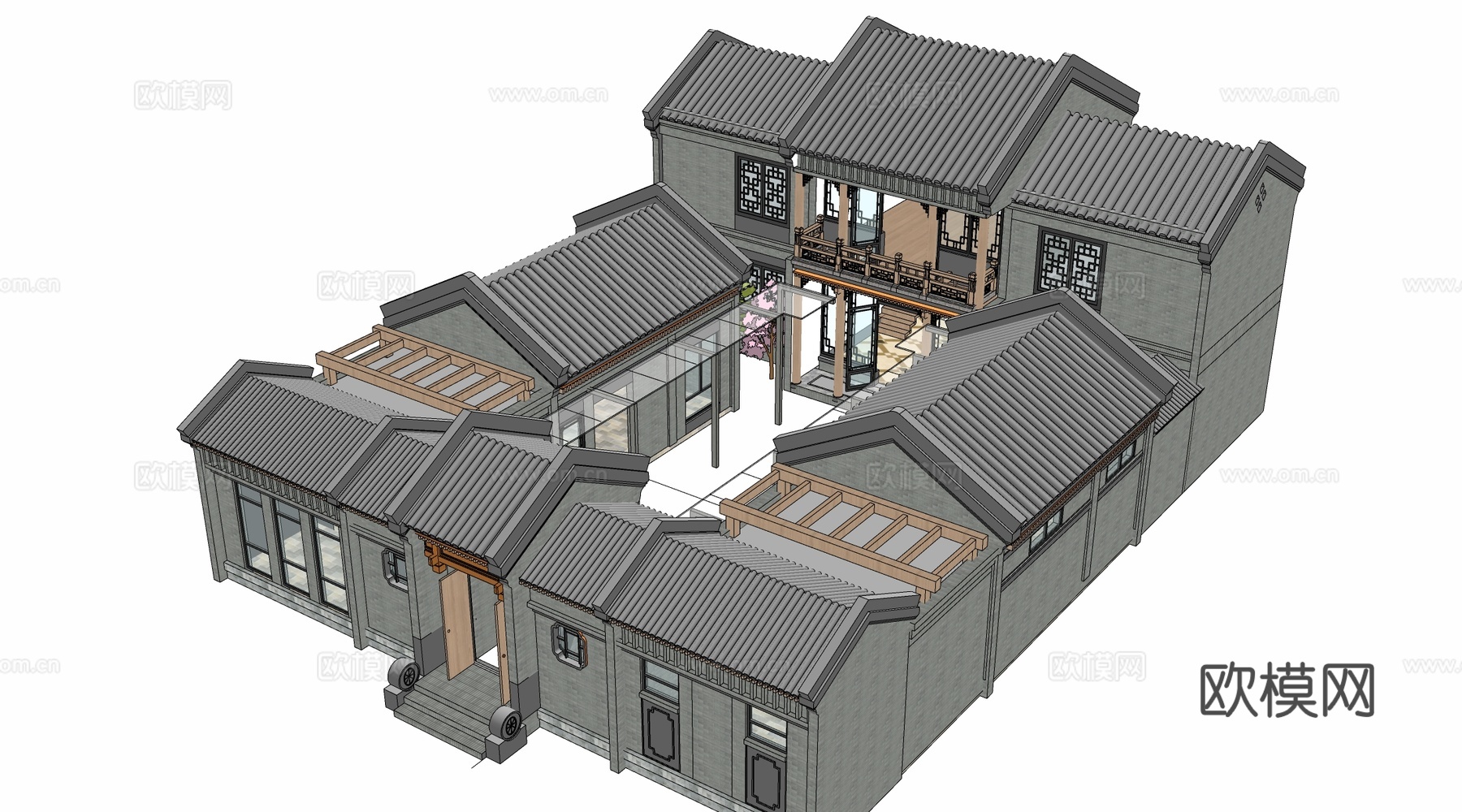 中式四合院建筑 中式院落 中式坡屋顶建筑 中式庭院su模型