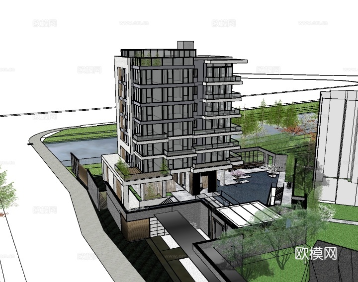现代住宅楼外观su模型下载