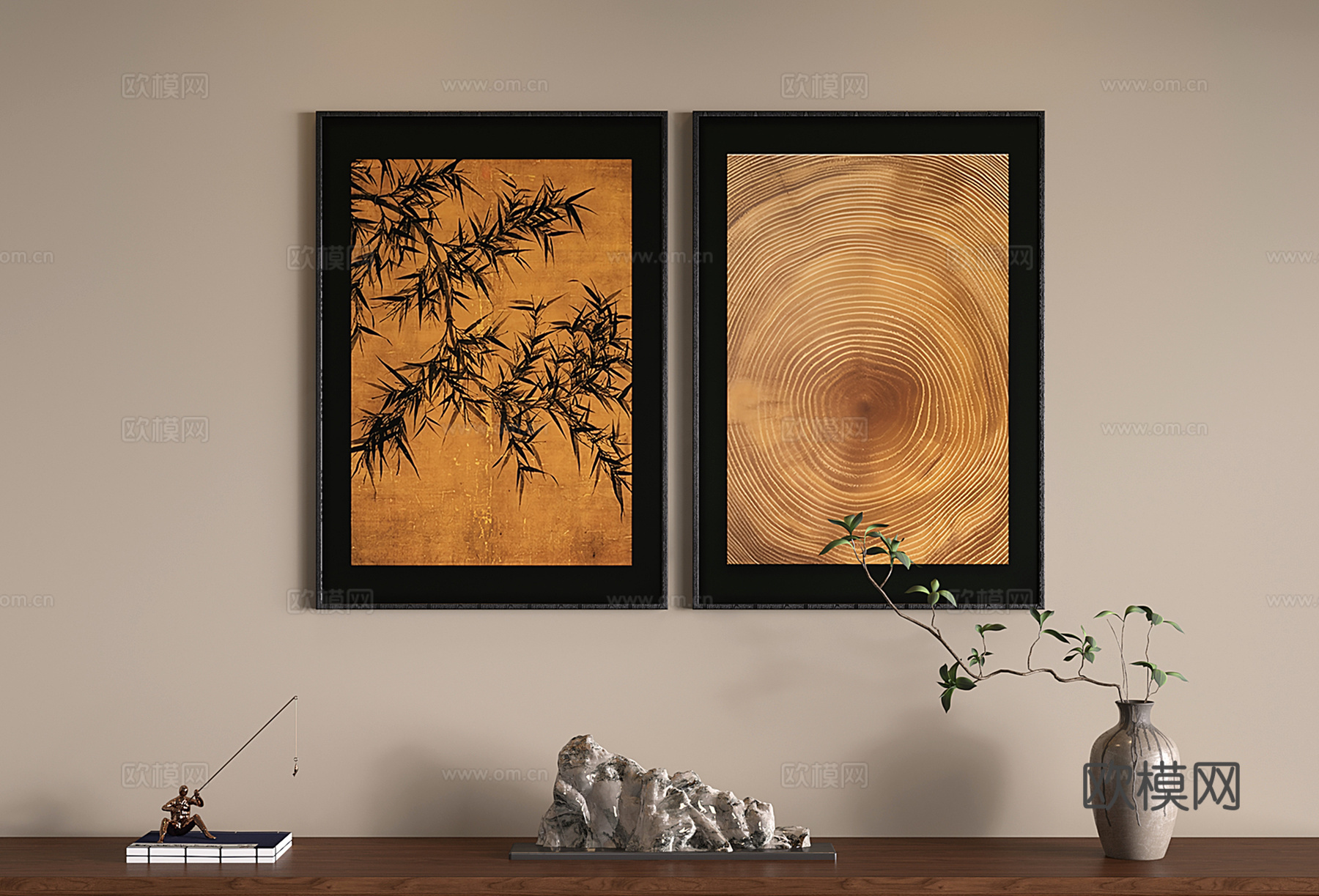 新中式竹子挂画 禅意装饰画 宋代植物挂画 年轮3d模型