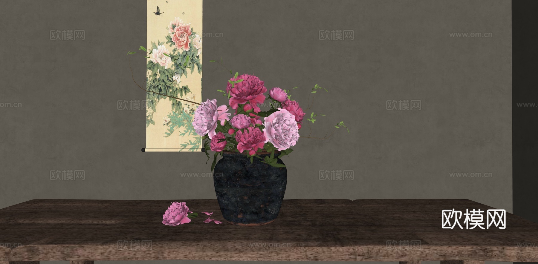 花瓶花艺 陶罐花瓶 牡丹 芍药插花 侘寂端景条案 装饰摆件su模型