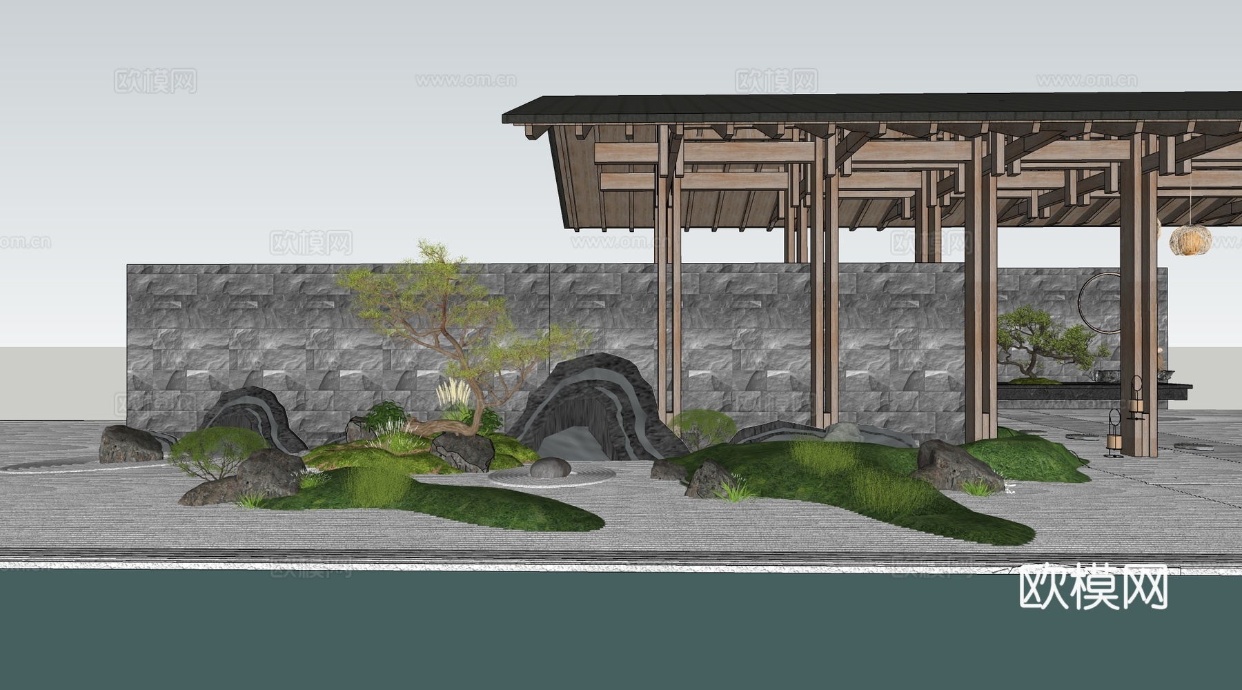 中式景观造景 中式旱景 庭院景观 中庭景观su模型
