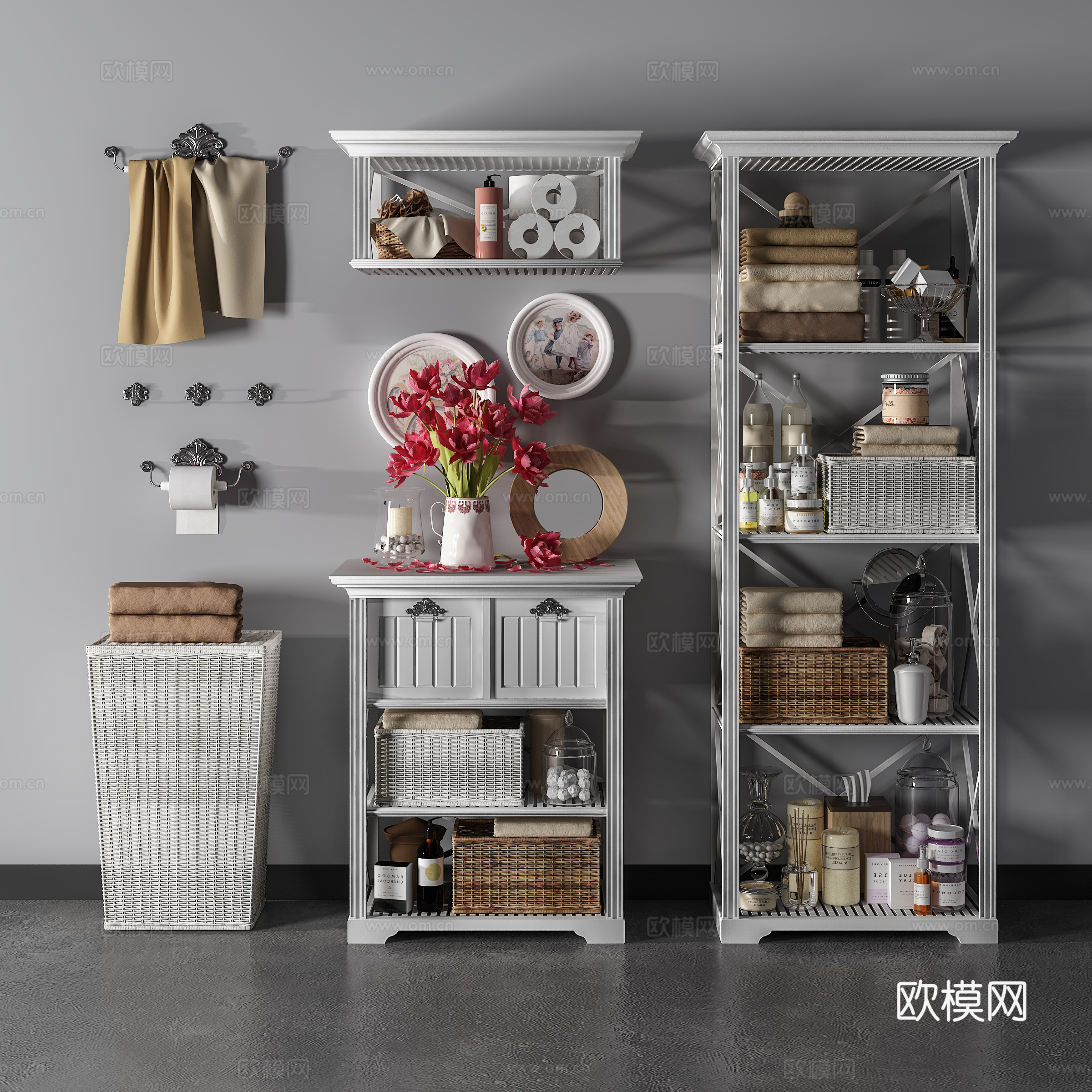 简欧储物柜装饰柜 卫浴小件 洗浴用品组合su模型