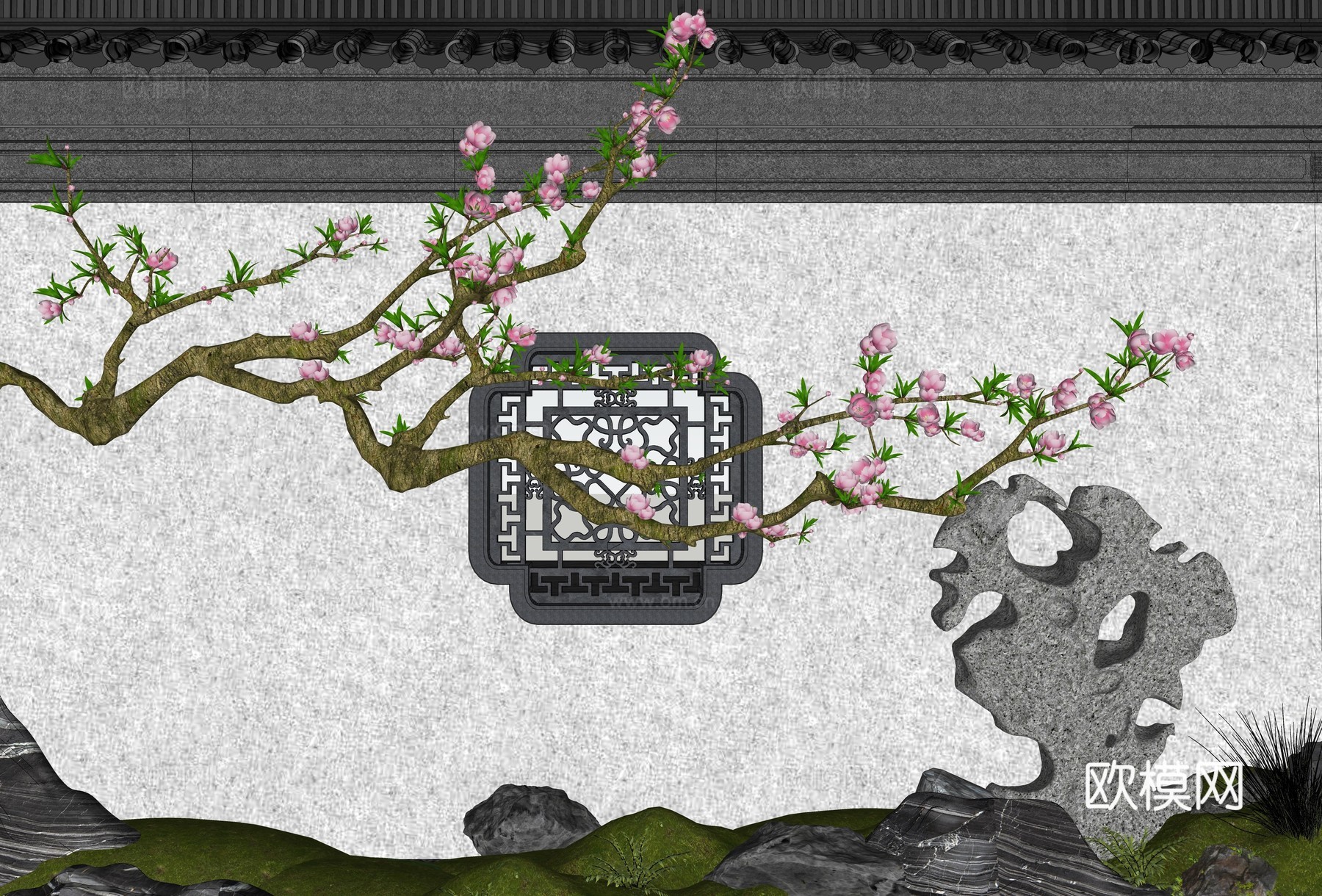 中式园林庭园景墙 桃花树 庭园桃花 桃花枝 花窗 漏窗 假山su模型
