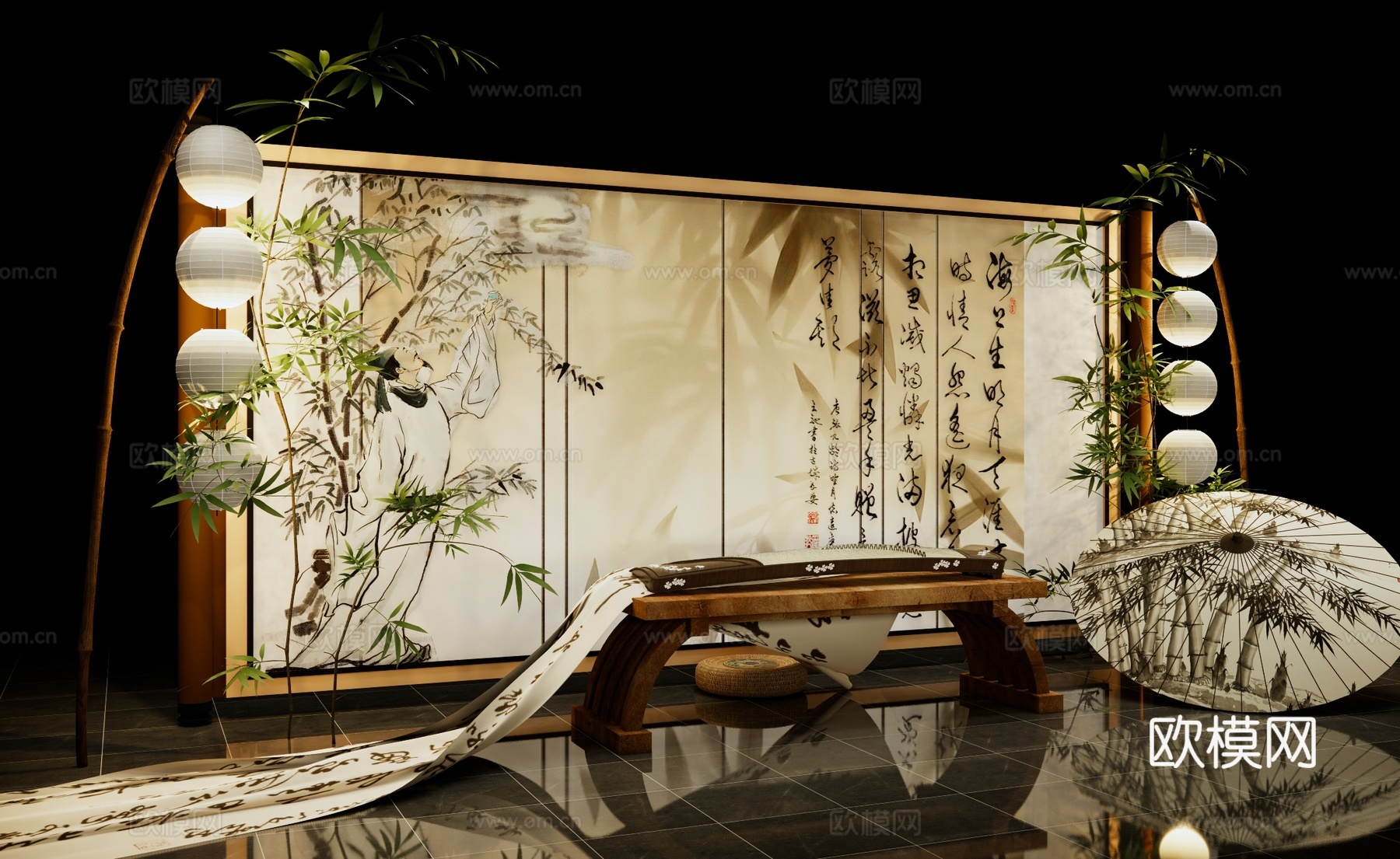 竹林卷轴美陈 中式竹影屏风 古琴 油纸伞 纸灯笼 中国风艺术su模型