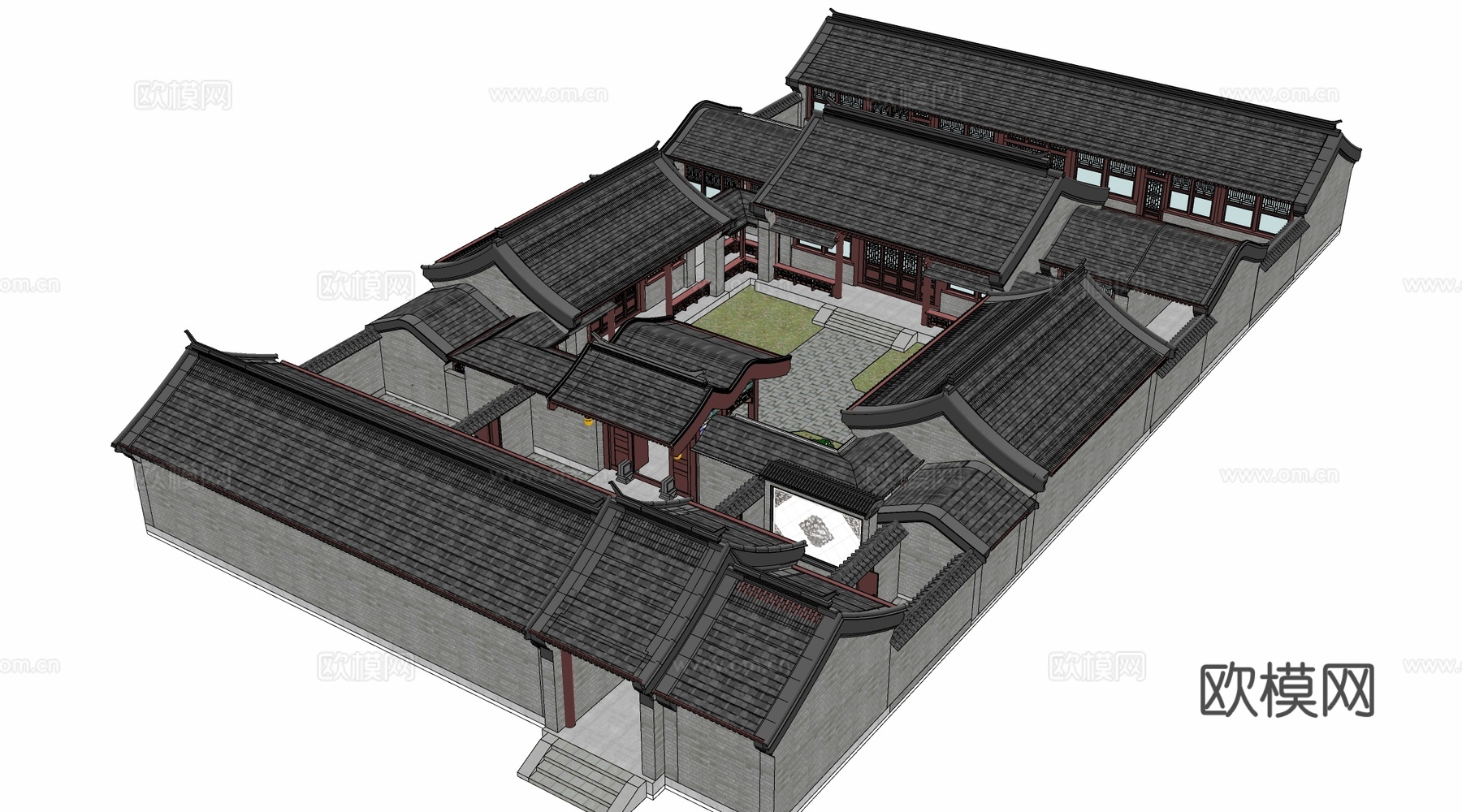 中式四合院建筑 中式院落 中式坡屋顶建筑 中式庭院su模型