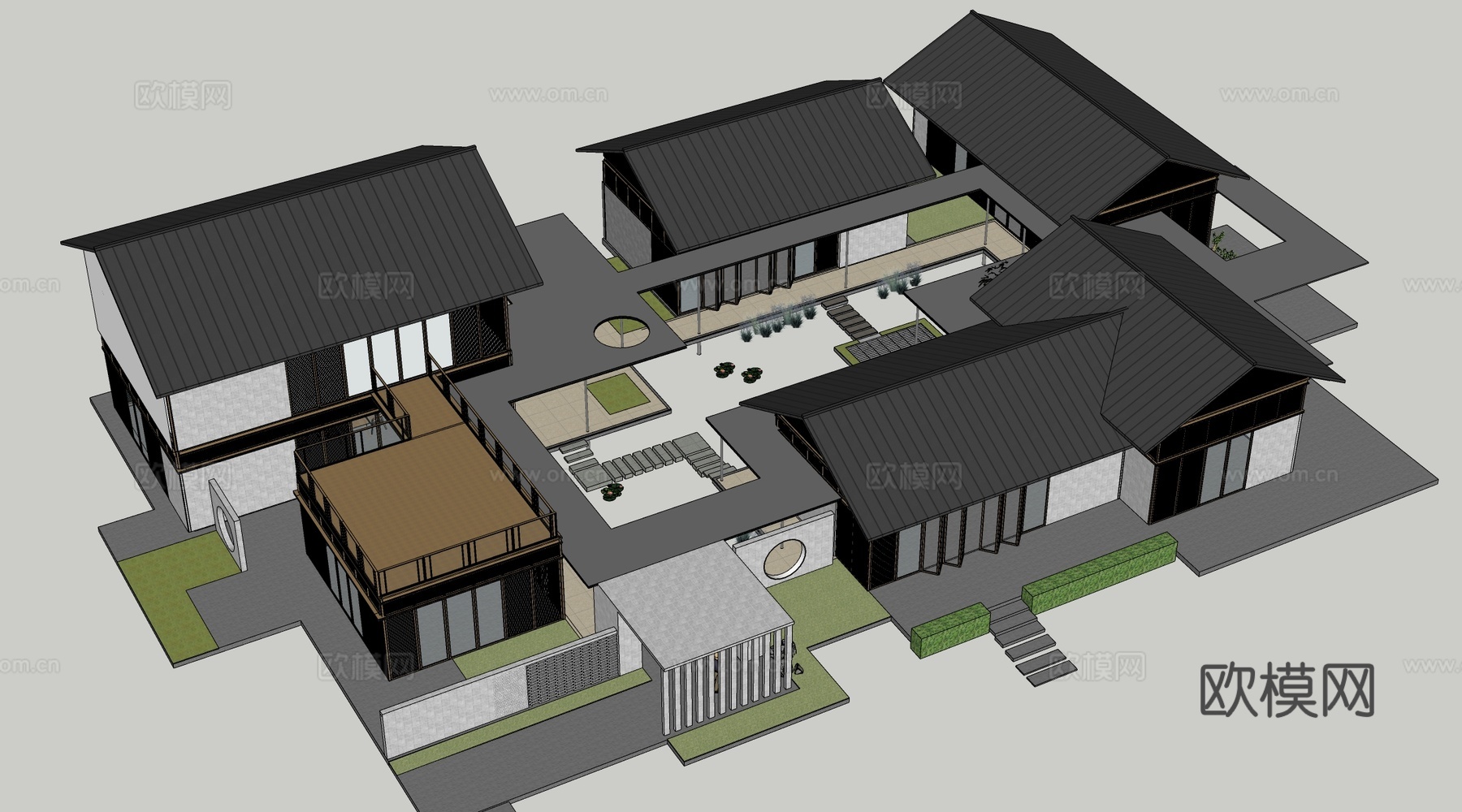 新中式示范区建筑 会所建筑 新中式餐饮建筑 茶室建筑su模型