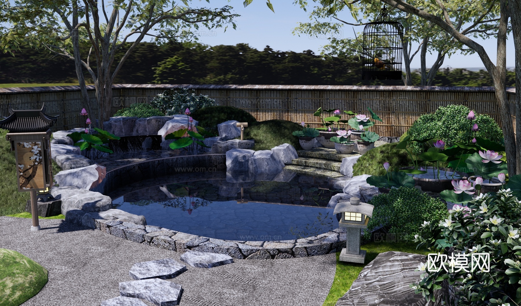 禅意温泉庭园 温泉水景 私汤泡池 户外露天温泉 荷花植物组合su模型
