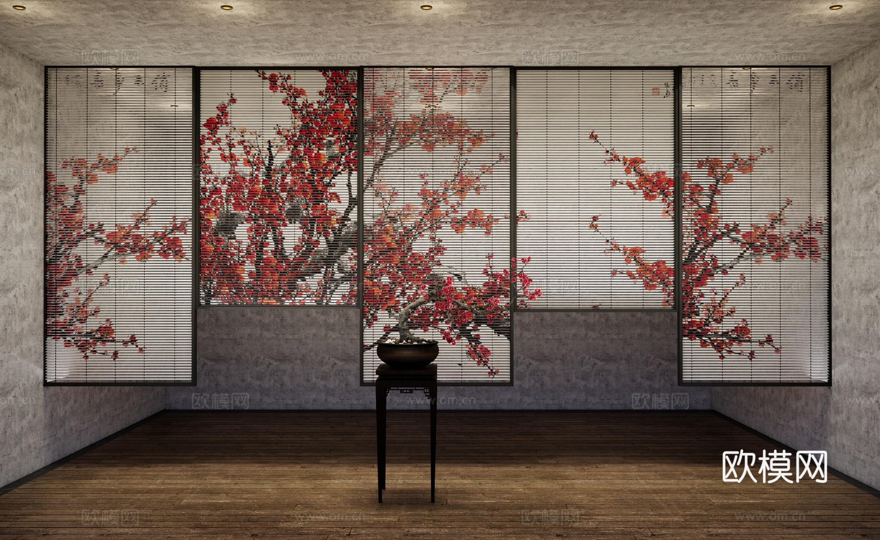 新中式竹制百叶帘 隔断 百叶帘 梅花卷帘 梅花盆栽su模型
