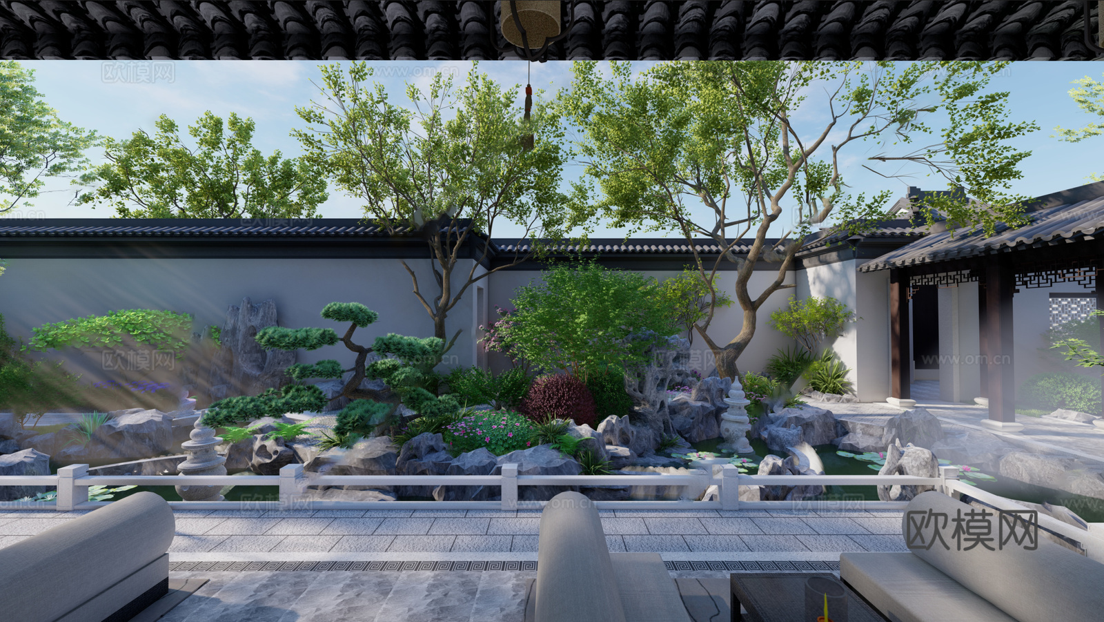 新中式别墅庭院 别墅区 新中式庭院su模型