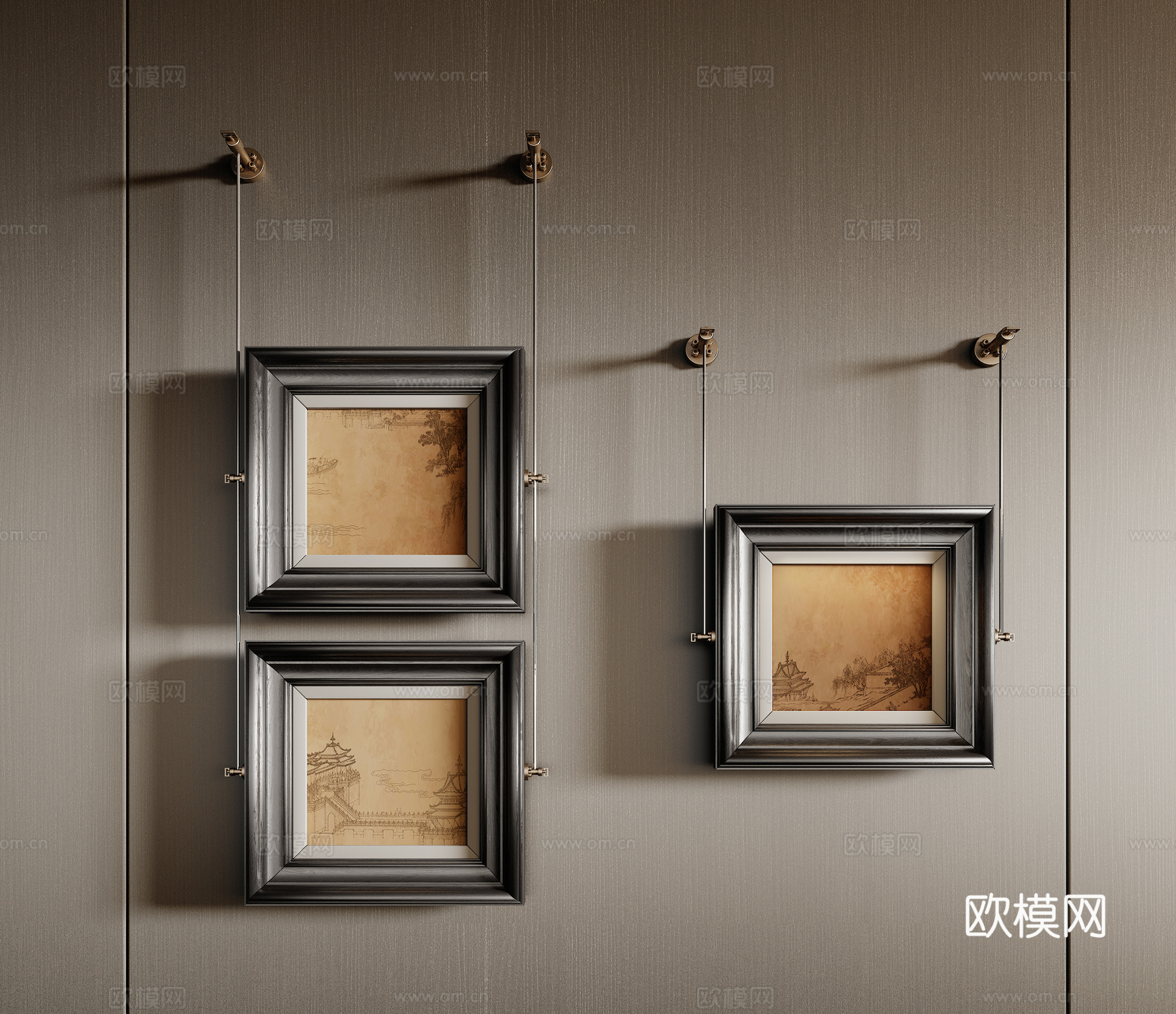 现代复古抽象挂画 侘寂风挂画 装饰画组合3d模型