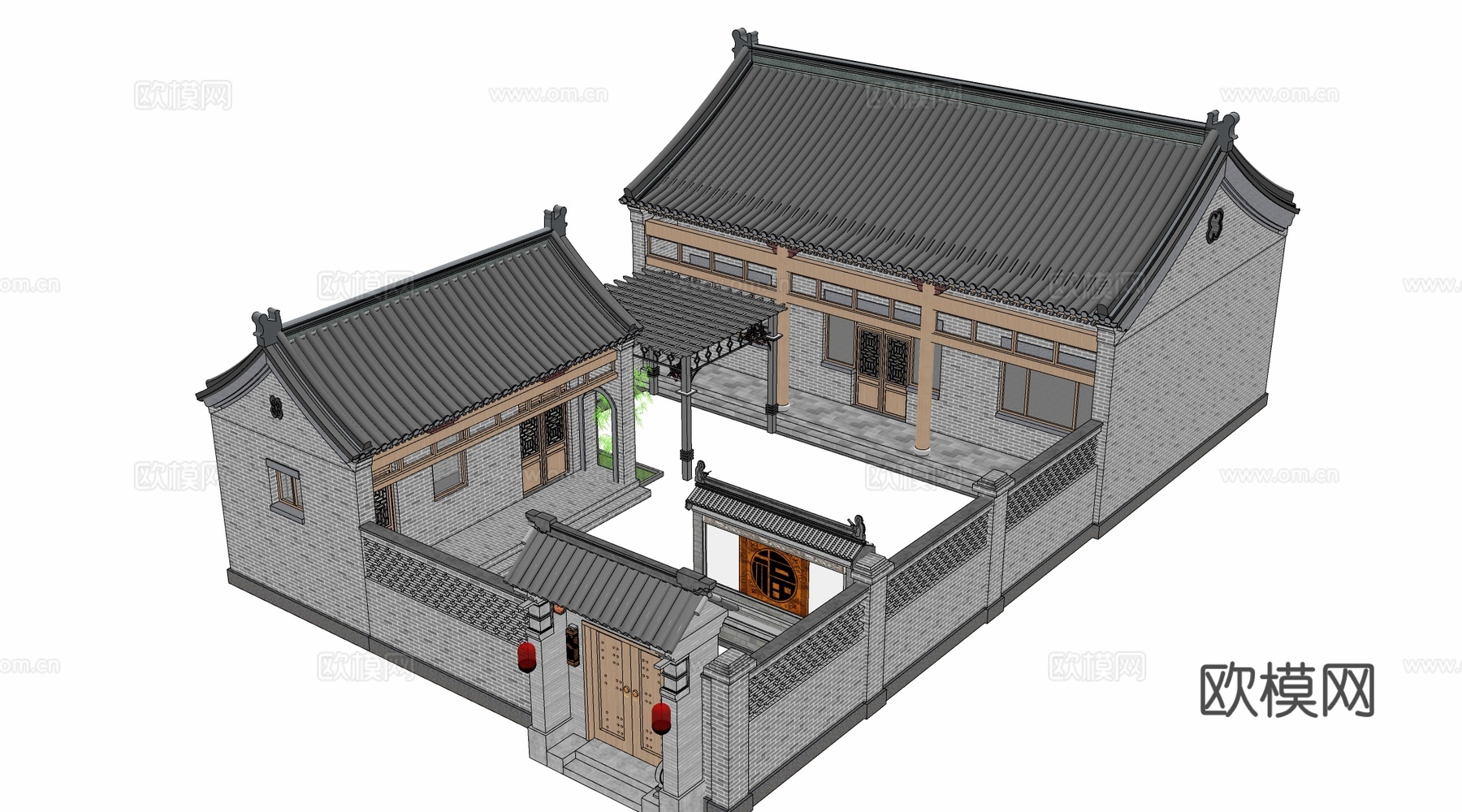 中式四合院建筑 中式院落 中式坡屋顶建筑 中式庭院su模型