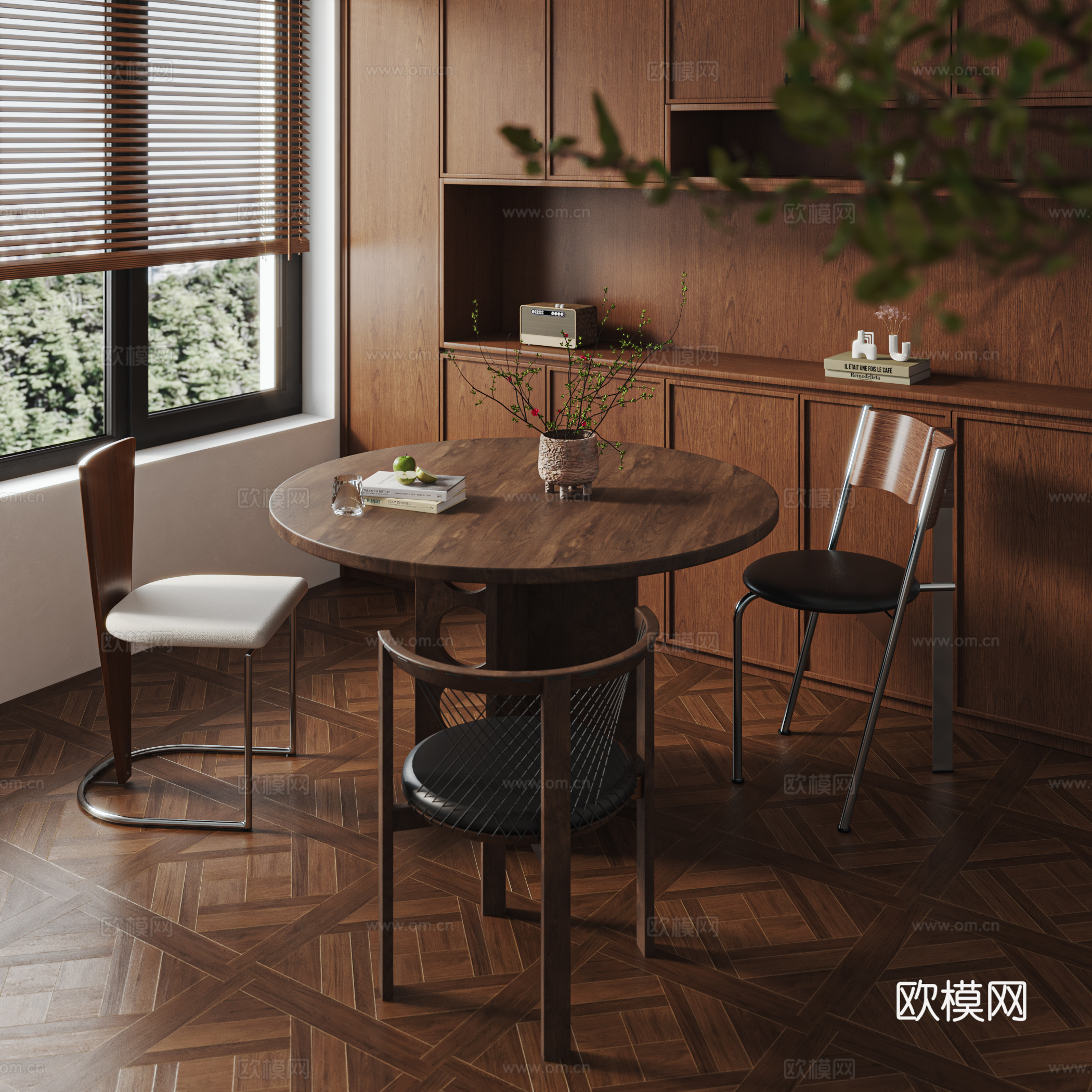 中古风餐厅  中古风圆形餐桌  中古风餐桌椅3d模型